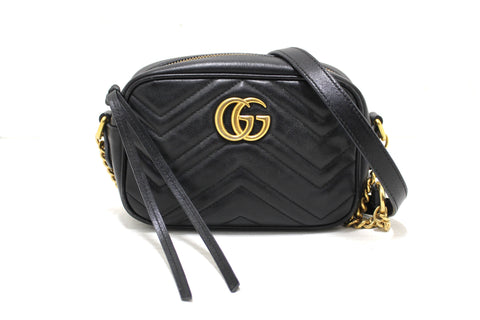 Authentic Gucci Black Matelassé Chevron Leather GG Marmont Mini Shoulder Bag