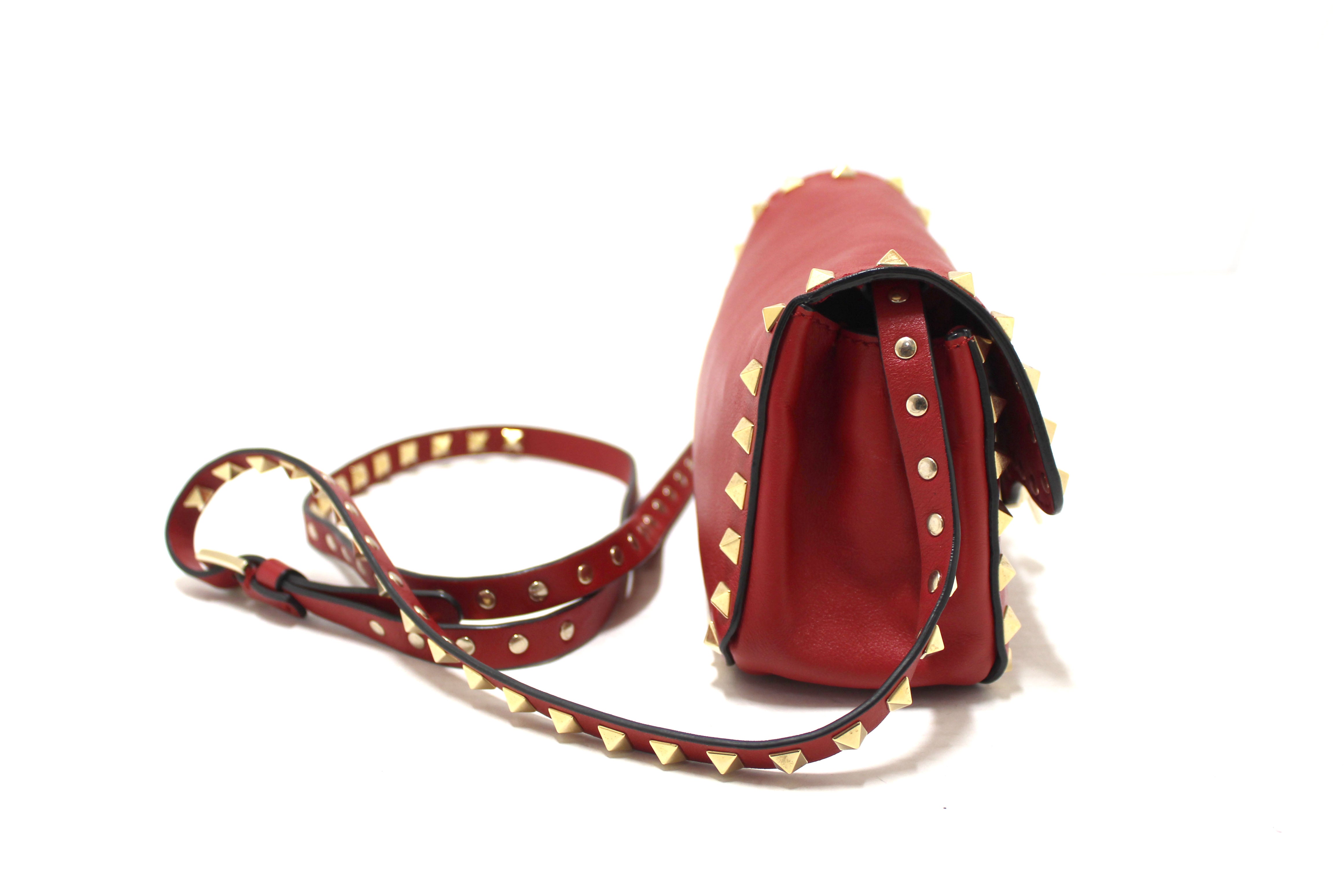 Authentic Valentino Garavani Red Vitello Mini Rockstud Flap Saddle Crossbody Bag