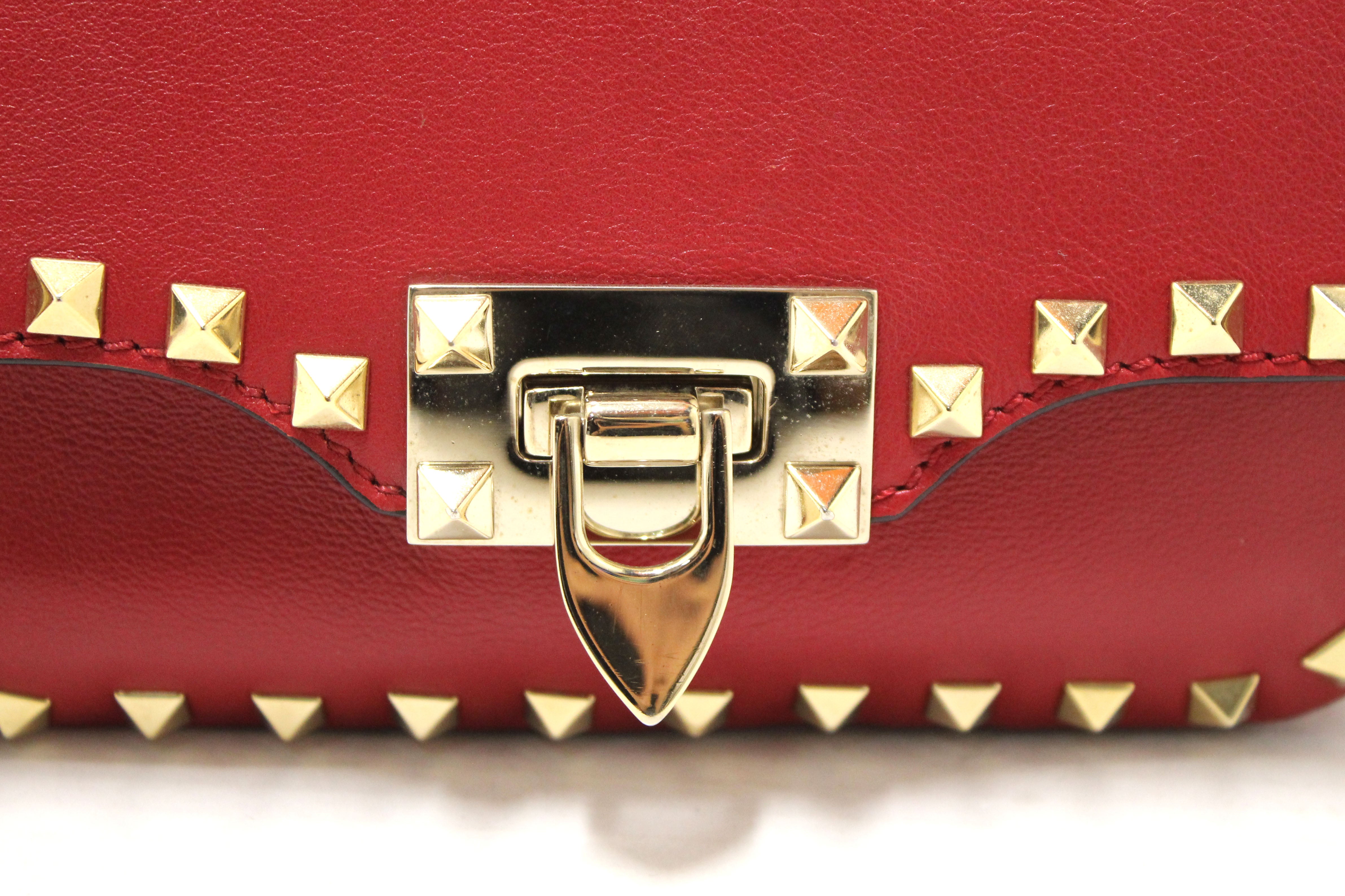 Authentic Valentino Garavani Red Vitello Mini Rockstud Flap Saddle Crossbody Bag