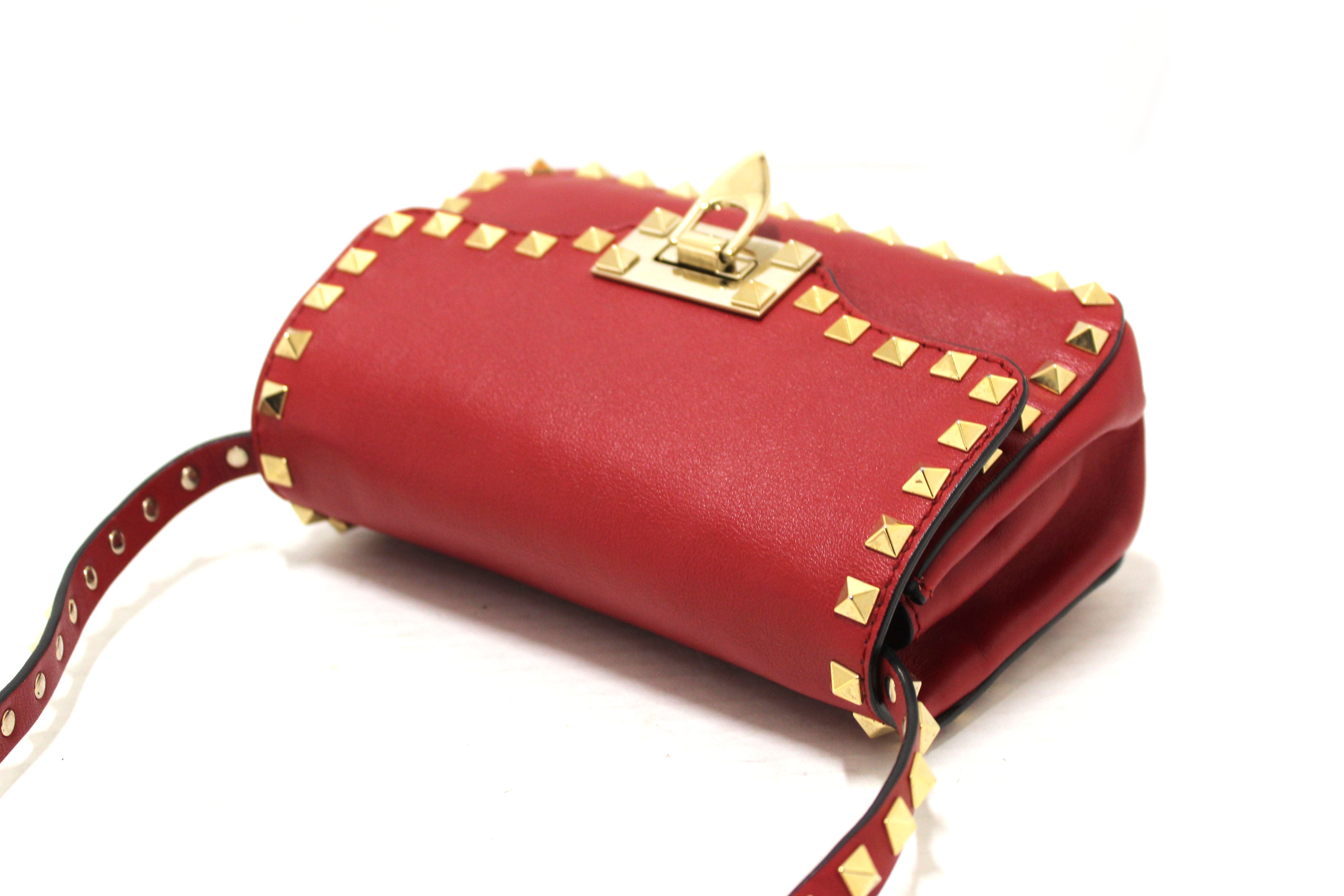 Authentic Valentino Garavani Red Vitello Mini Rockstud Flap Saddle Crossbody Bag