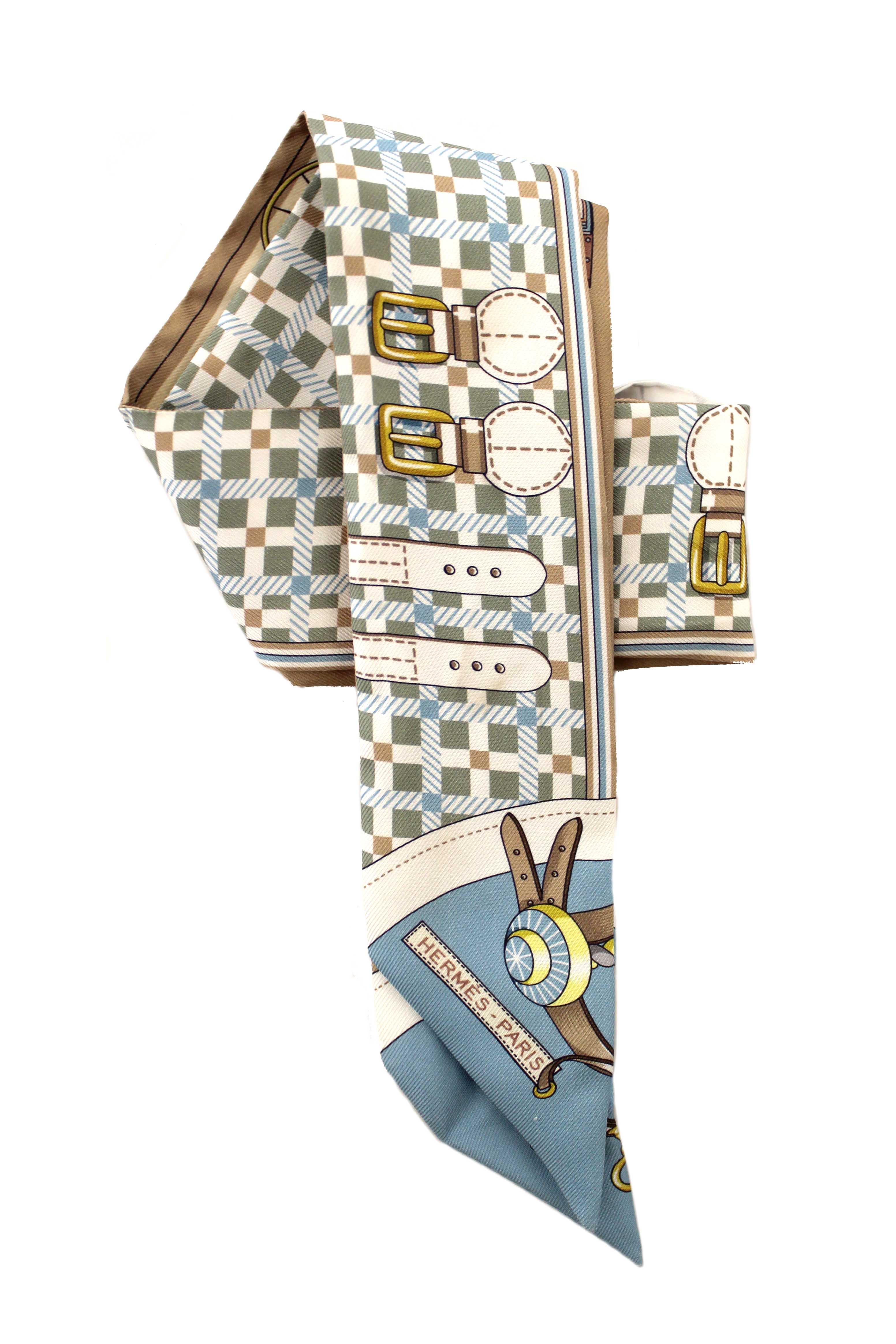 Authentic Hermes Blue/Beige Silk Carriage Twilly Bandeau Scarf