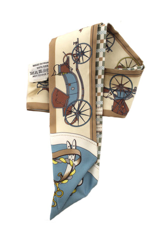 Authentic Hermes Blue/Beige Silk Carriage Twilly Bandeau Scarf