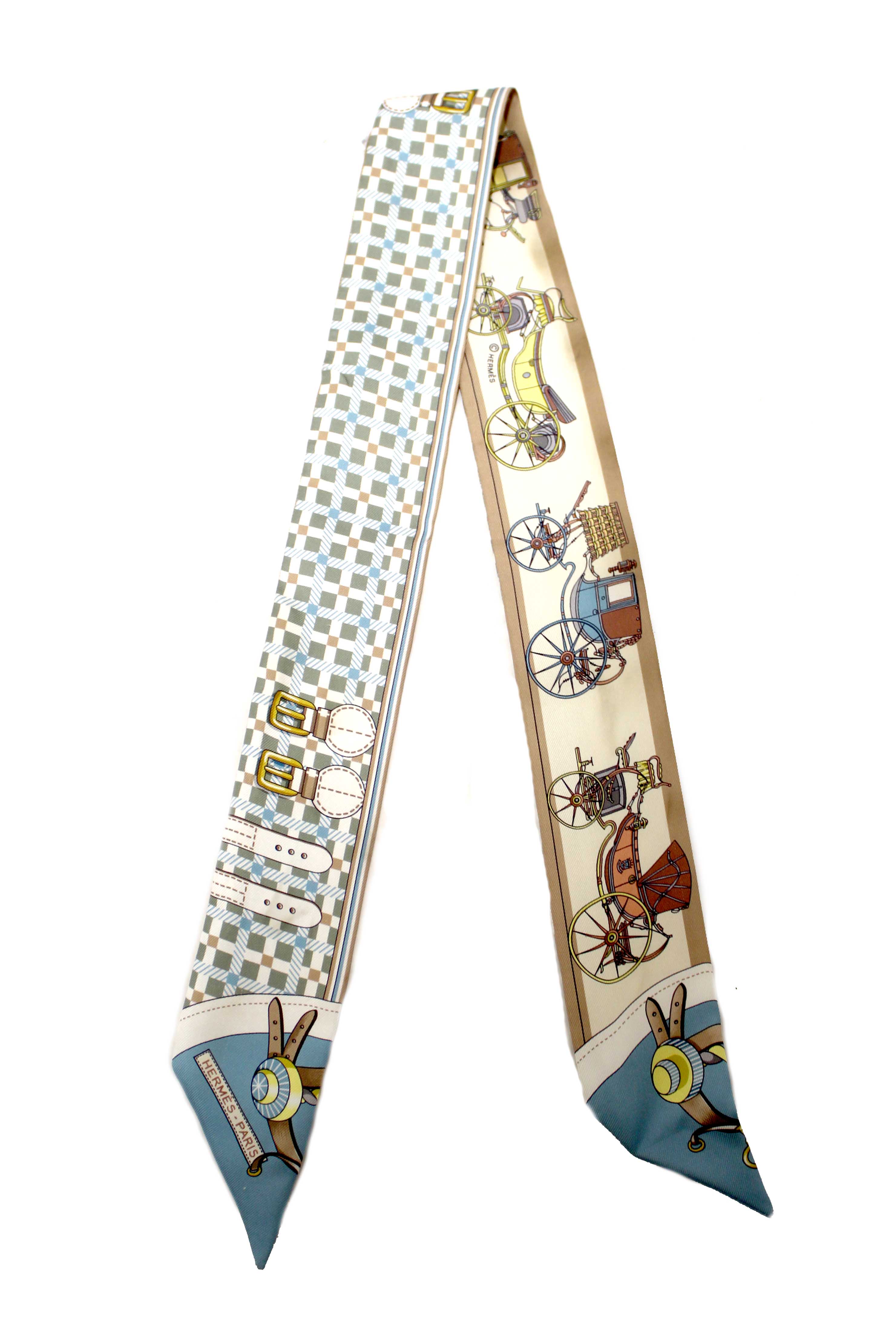 Authentic Hermes Blue/Beige Silk Carriage Twilly Bandeau Scarf
