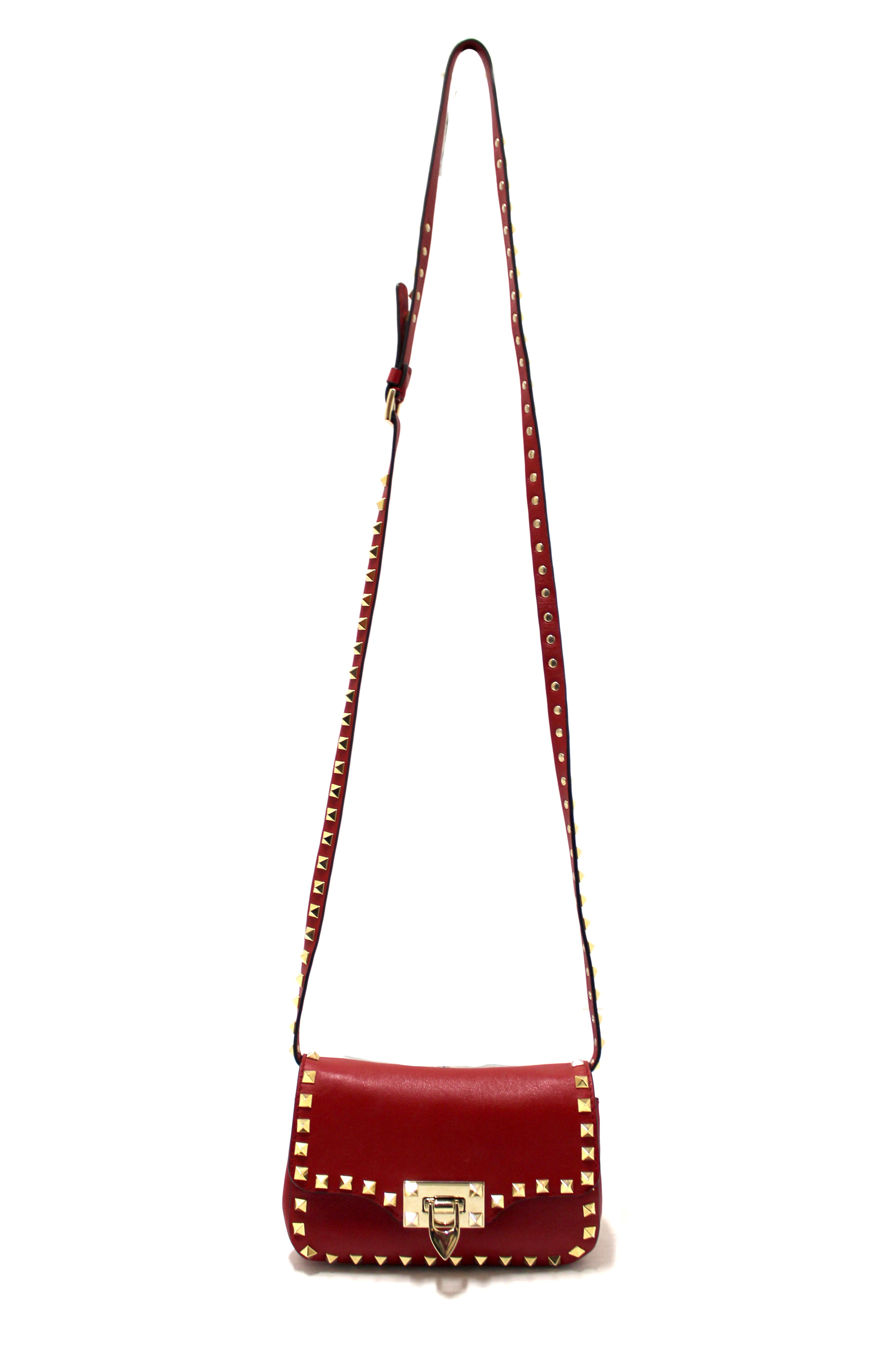 Authentic Valentino Garavani Red Vitello Mini Rockstud Flap Saddle Crossbody Bag