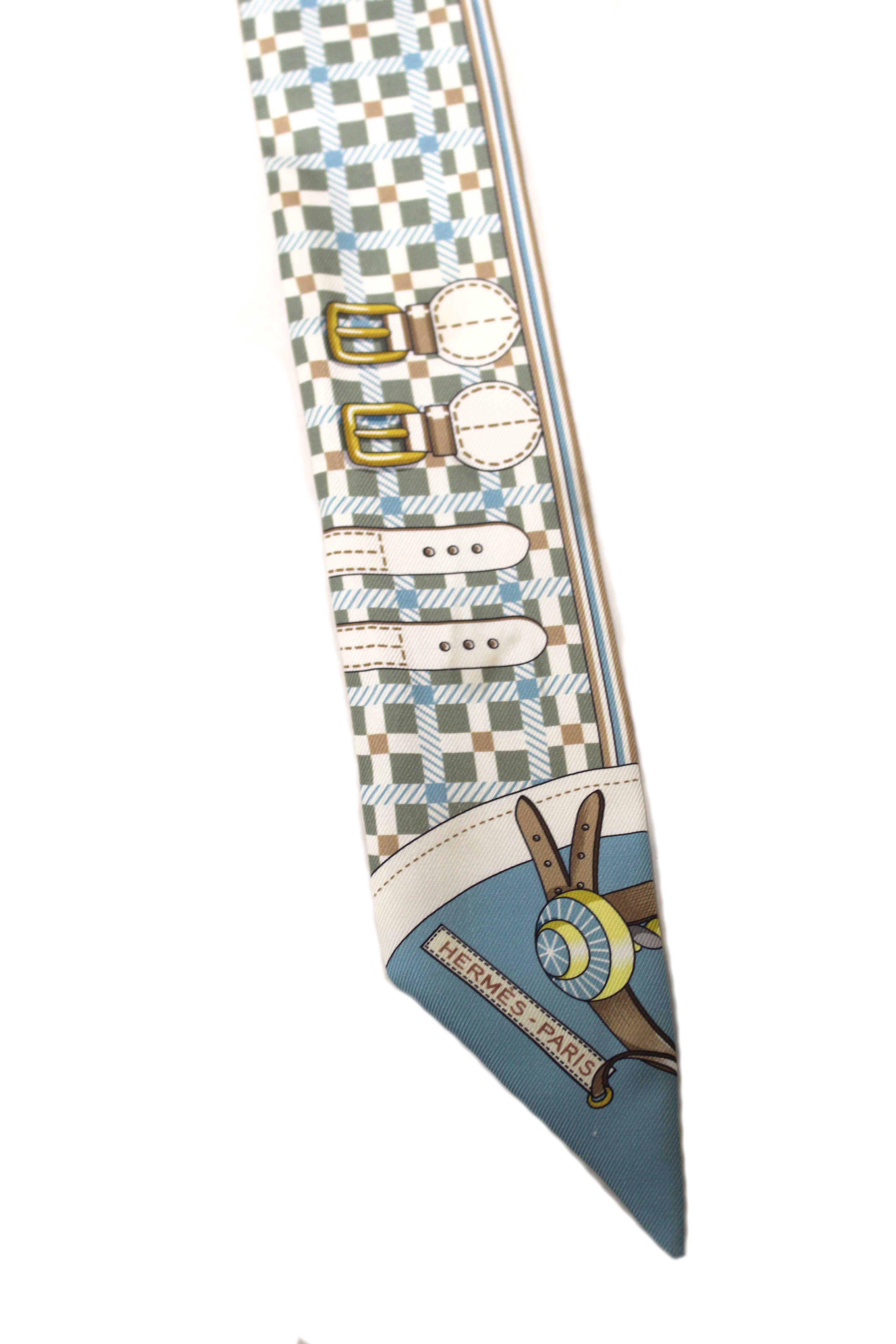 Authentic Hermes Blue/Beige Silk Carriage Twilly Bandeau Scarf
