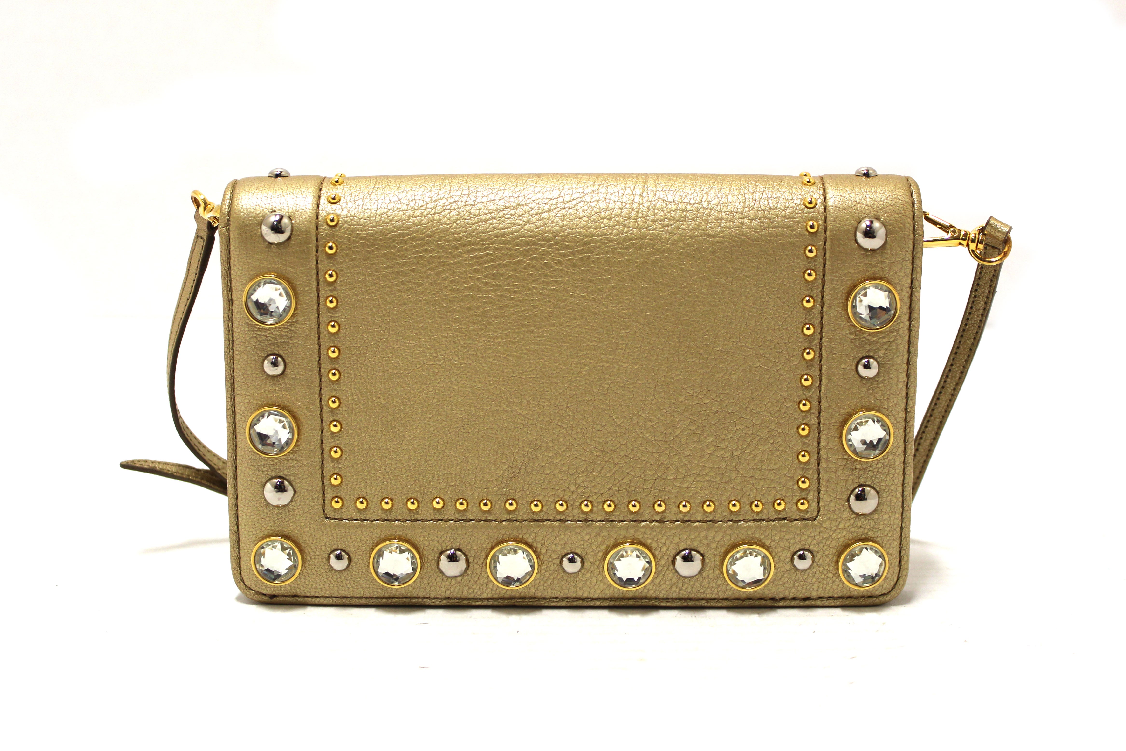 Authentic Miu Miu Crystal Gold Leather Wallet Bag