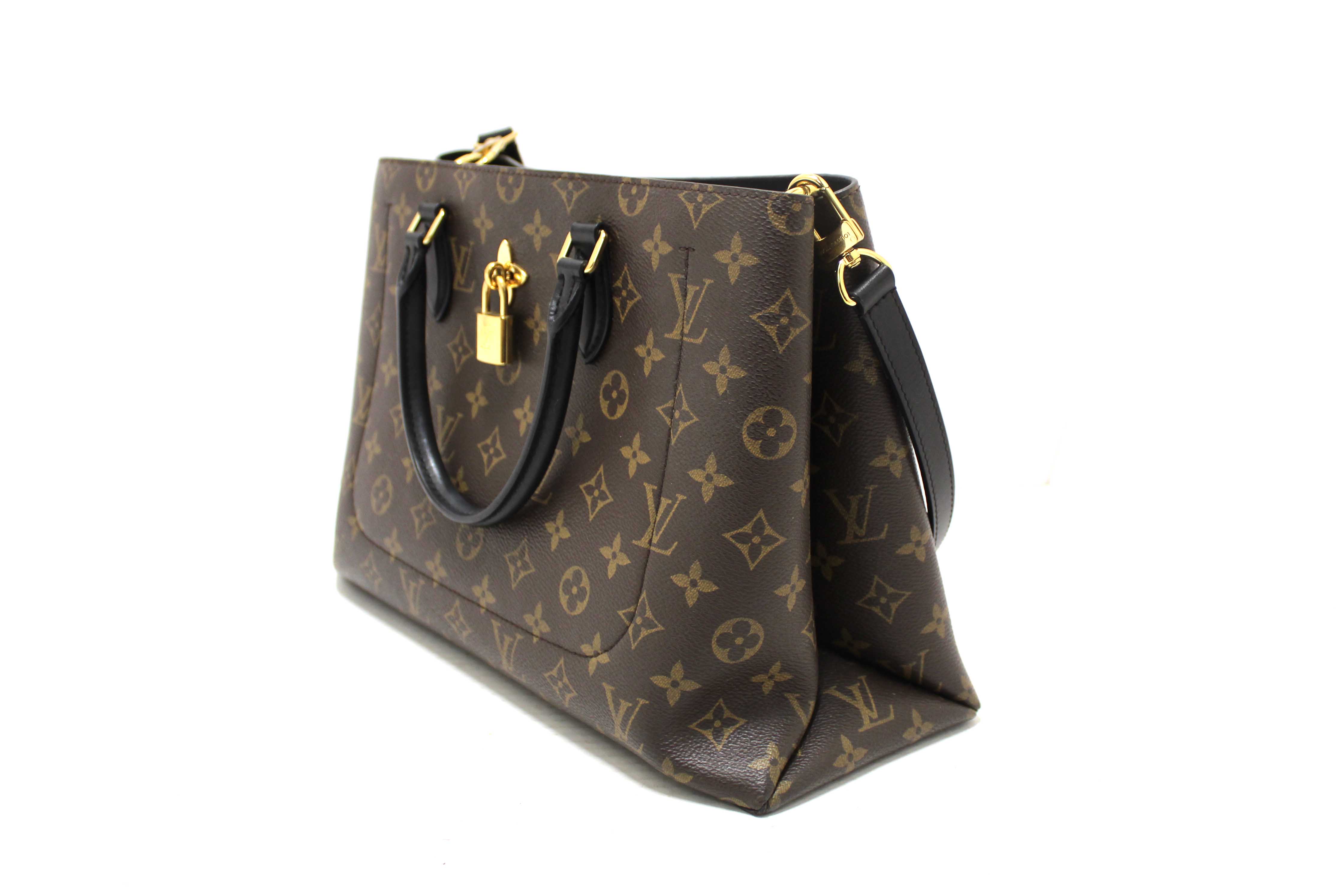 Authentic Louis Vuitton Black Monogram Canvas Flower Tote Hand Shoulder Bag