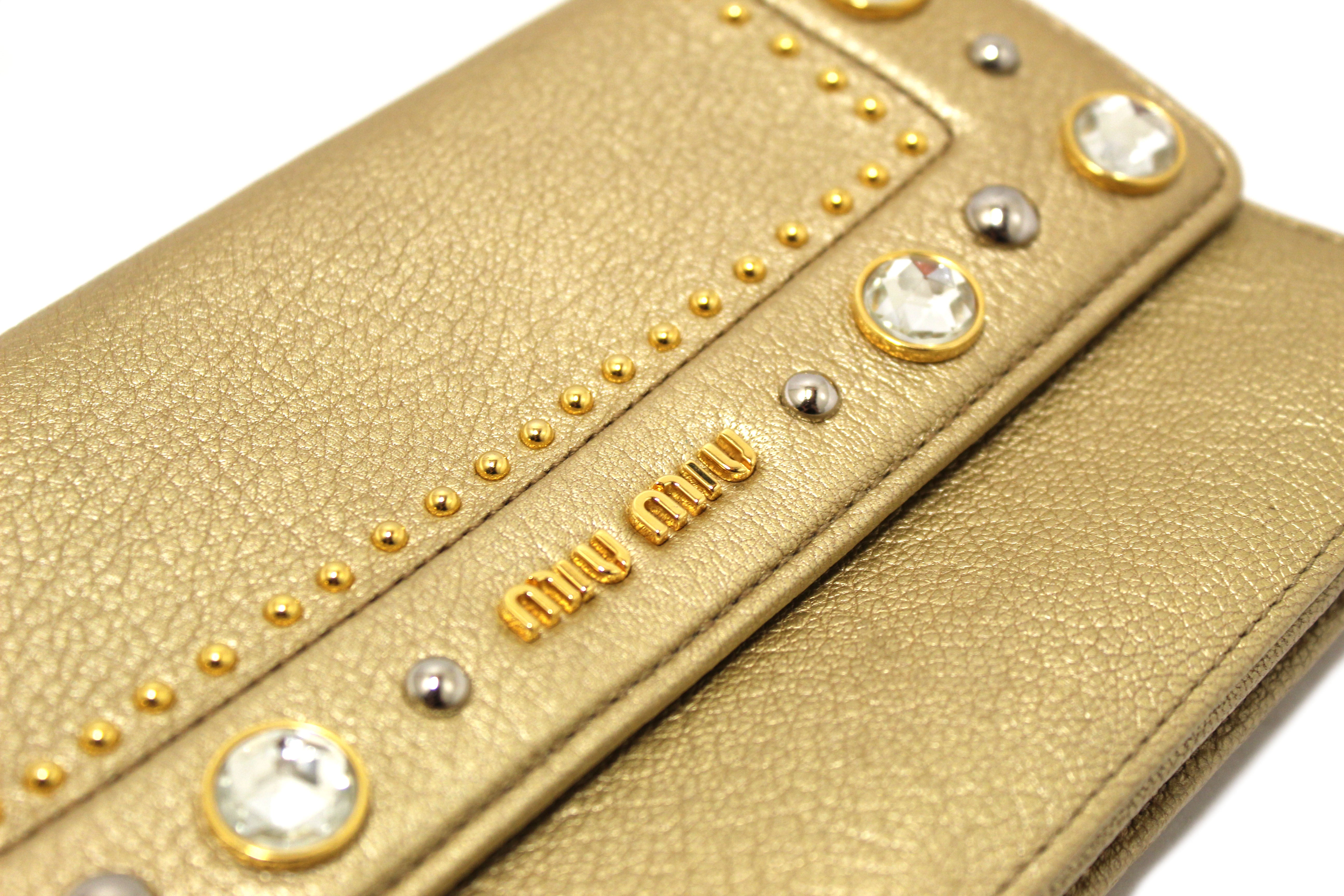 Authentic Miu Miu Crystal Gold Leather Wallet Bag