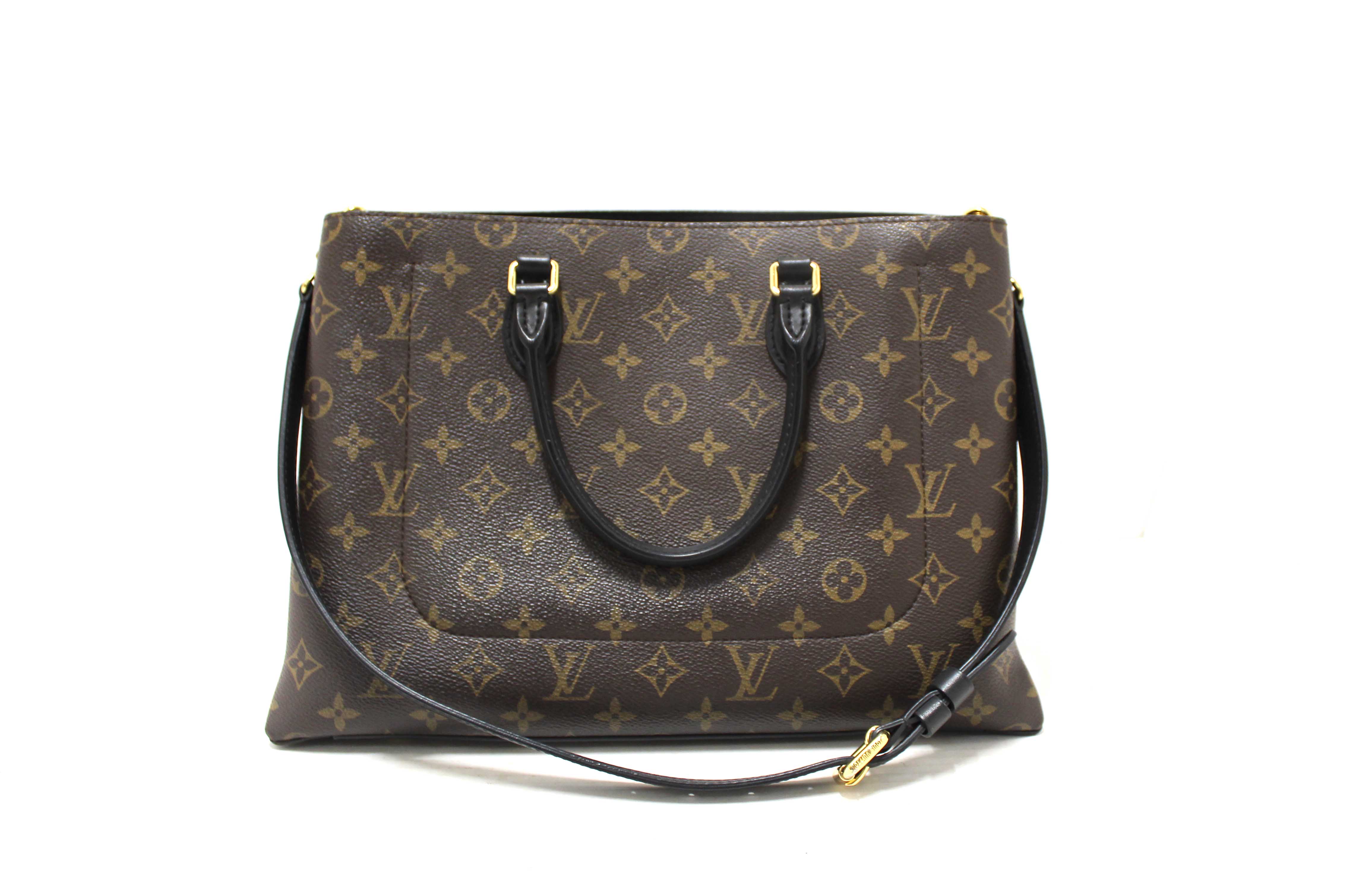 Authentic Louis Vuitton Black Monogram Canvas Flower Tote Hand Shoulder Bag