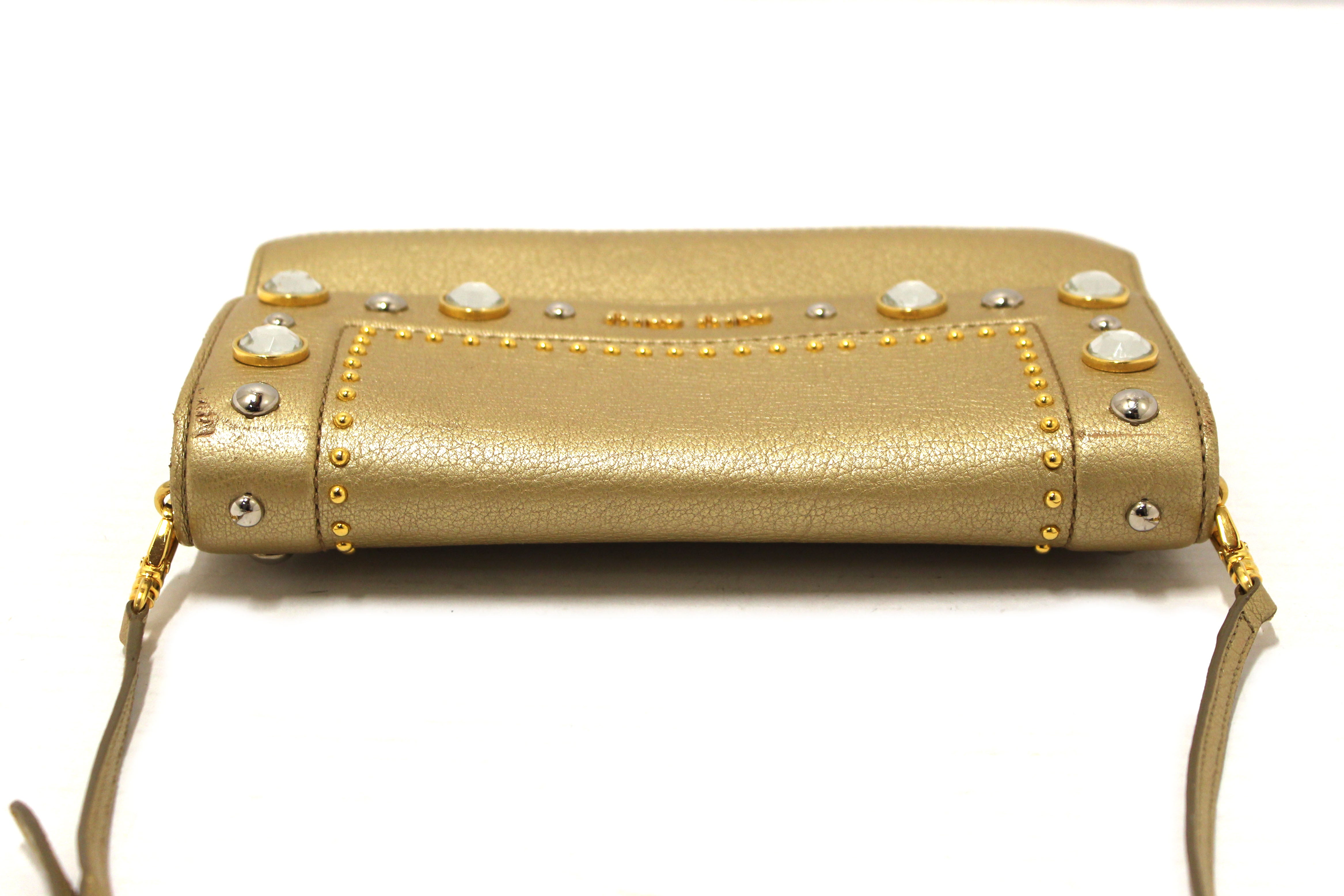 Authentic Miu Miu Crystal Gold Leather Wallet Bag