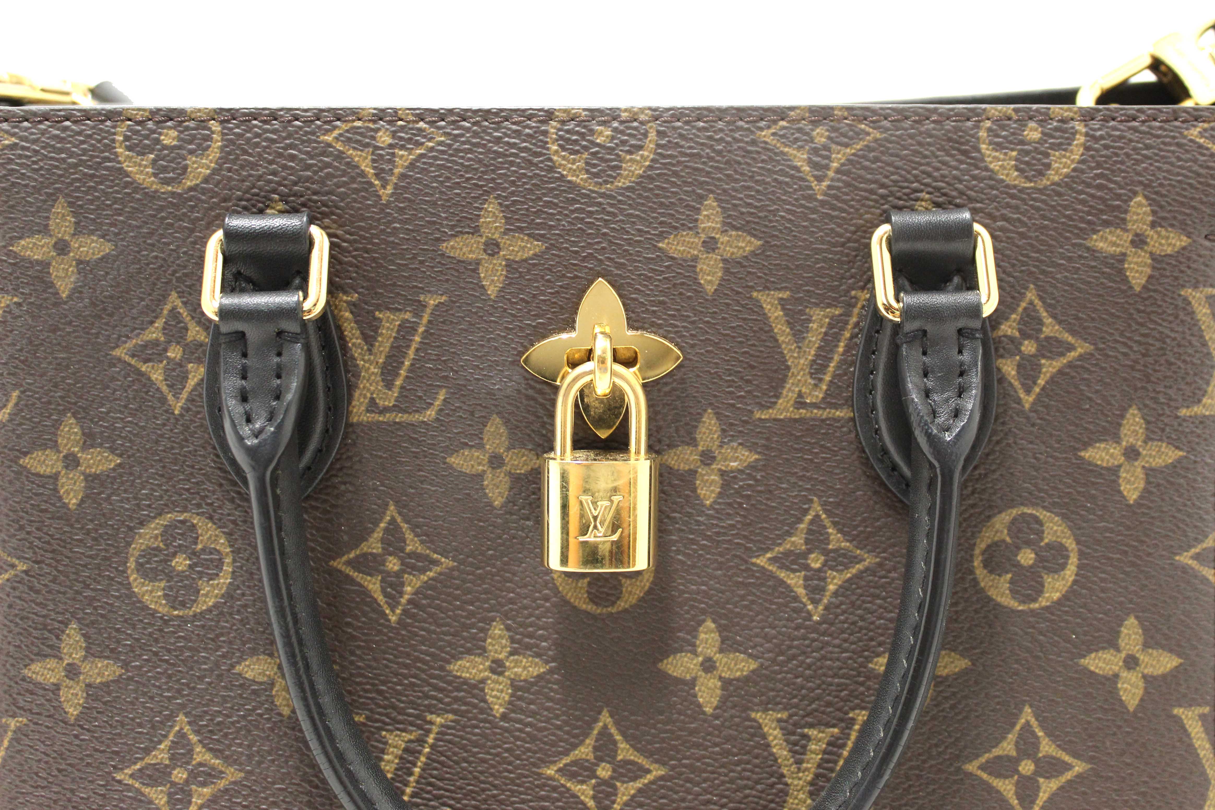 Authentic Louis Vuitton Black Monogram Canvas Flower Tote Hand Shoulder Bag