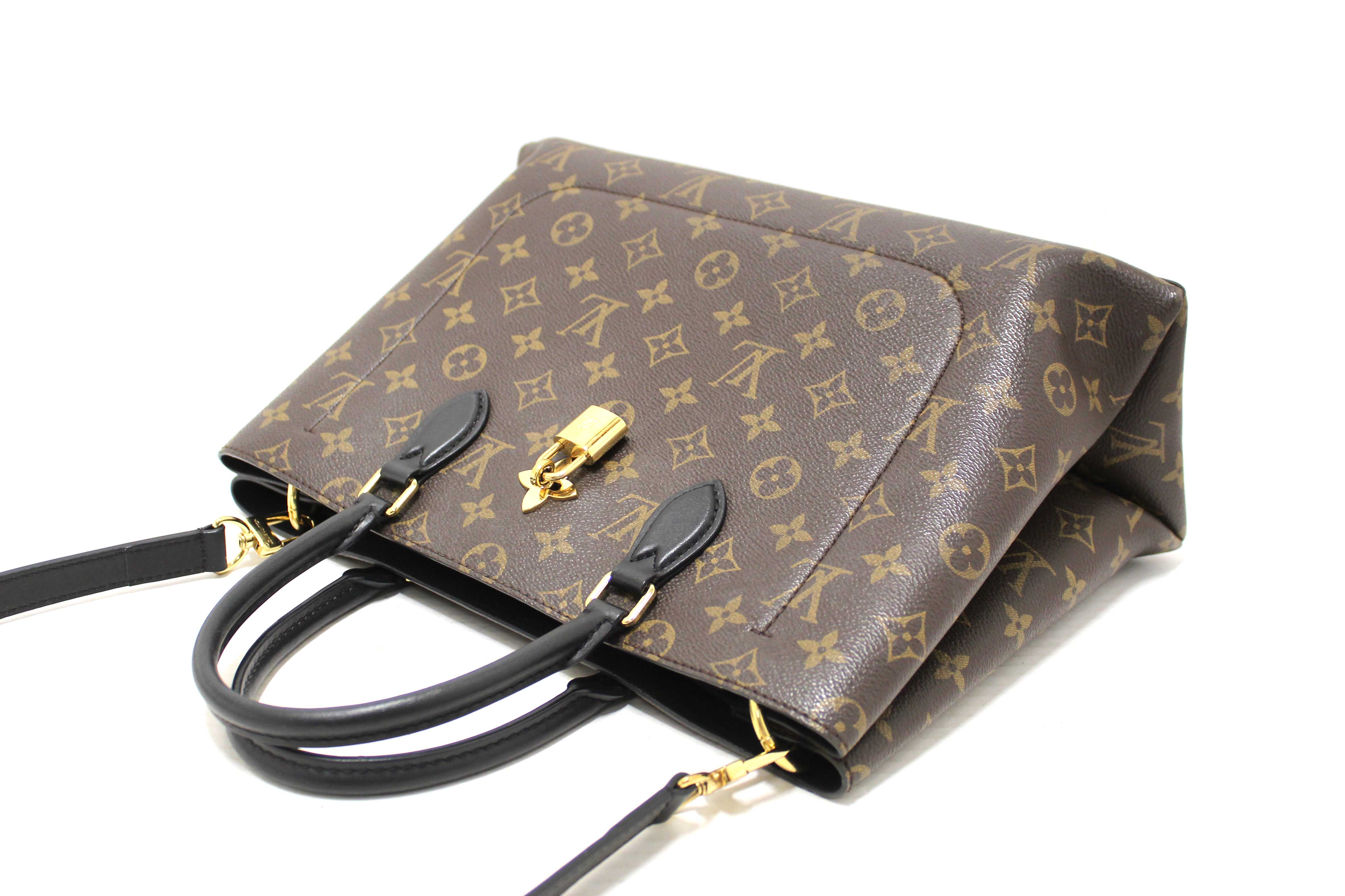Authentic Louis Vuitton Black Monogram Canvas Flower Tote Hand Shoulder Bag