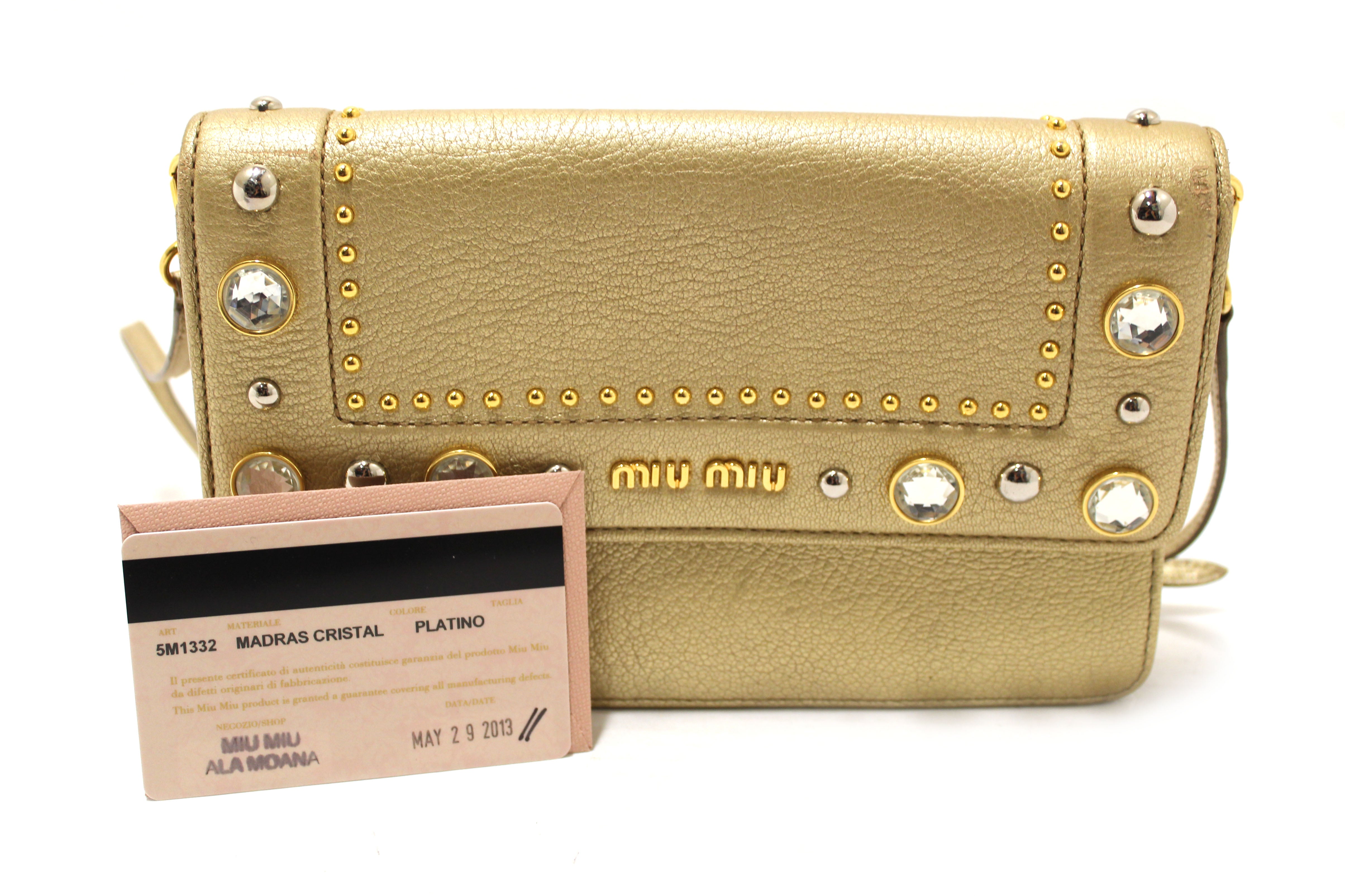 Authentic Miu Miu Crystal Gold Leather Wallet Bag