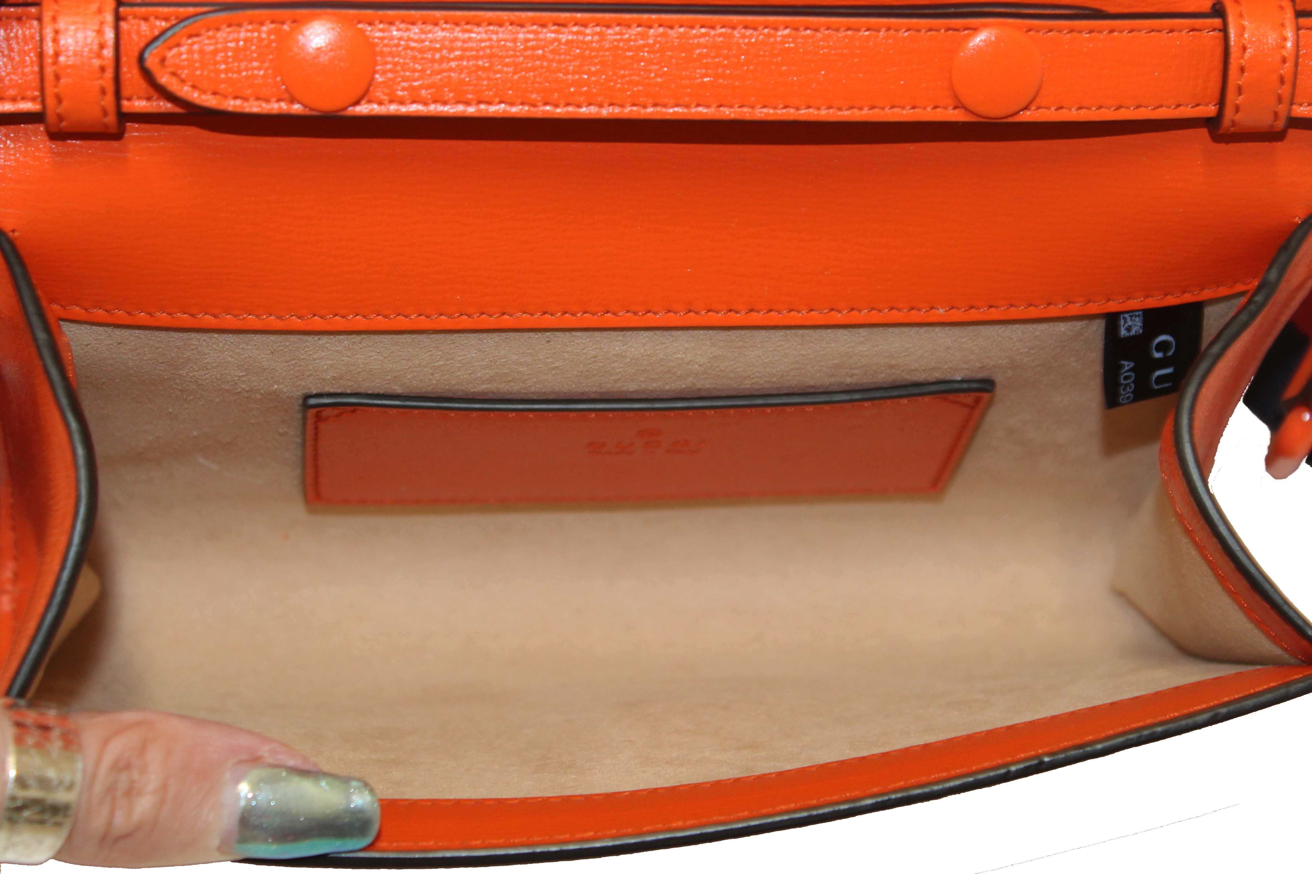 Authentic Gucci Orange Azalea Calfskin Web Monochrome Mini Horsebit 1955 Chain Shoulder Bag