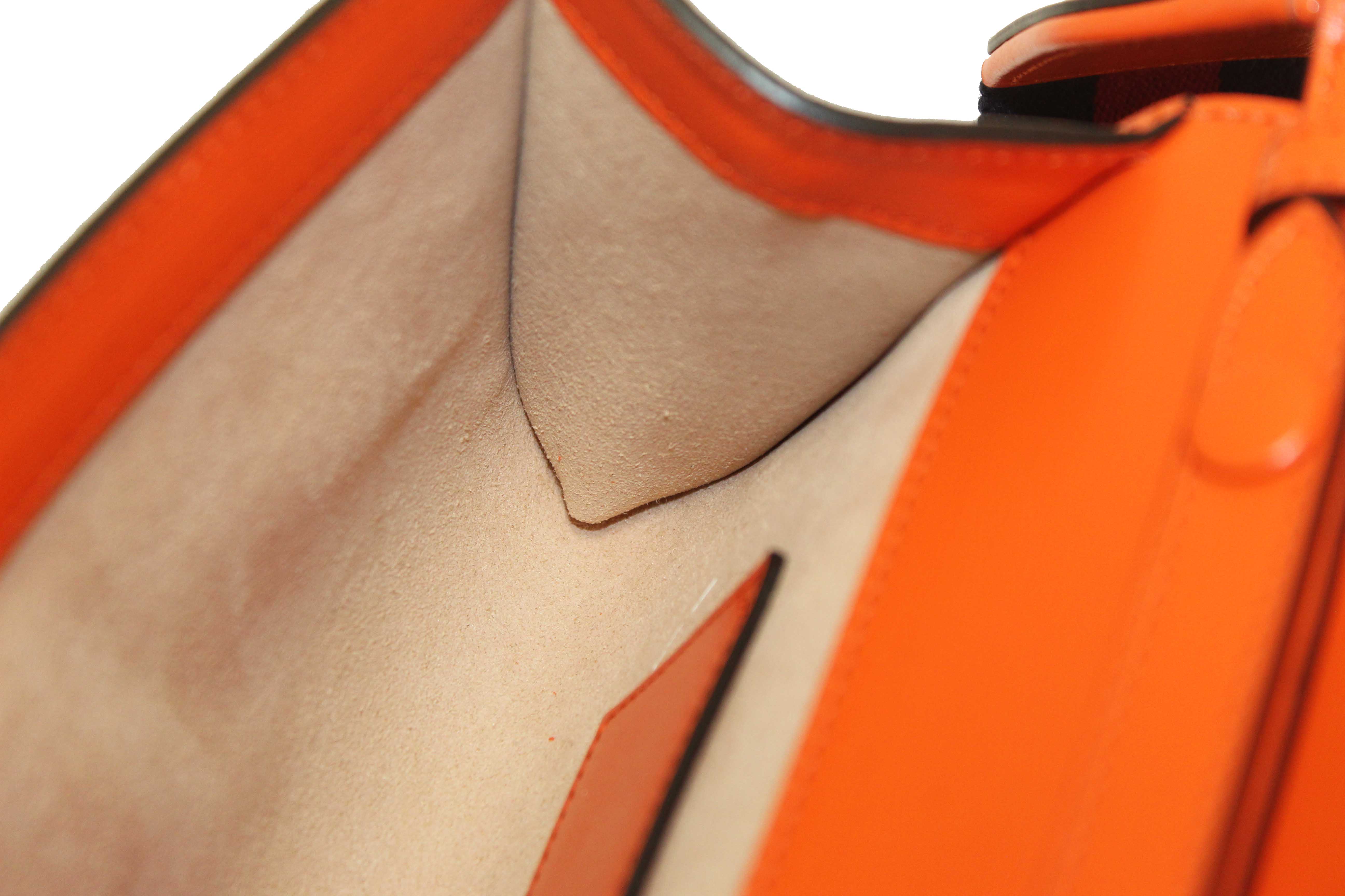 Authentic Gucci Orange Azalea Calfskin Web Monochrome Mini Horsebit 1955 Chain Shoulder Bag