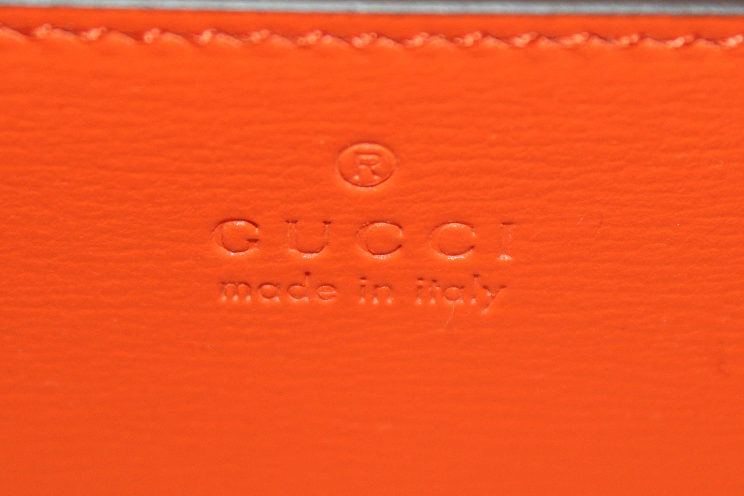 Authentic Gucci Orange Azalea Calfskin Web Monochrome Mini Horsebit 1955 Chain Shoulder Bag