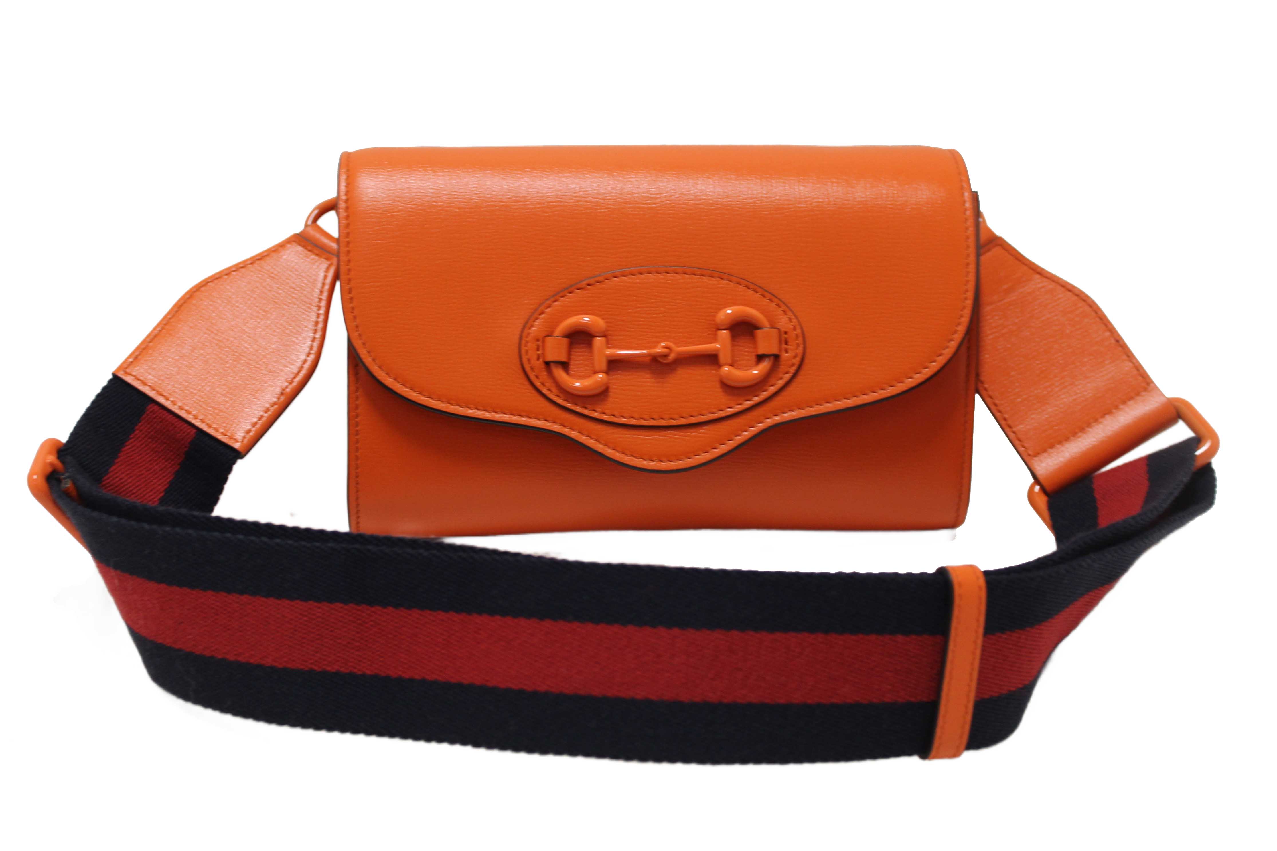 Authentic Gucci Orange Azalea Calfskin Web Monochrome Mini Horsebit 1955 Chain Shoulder Bag