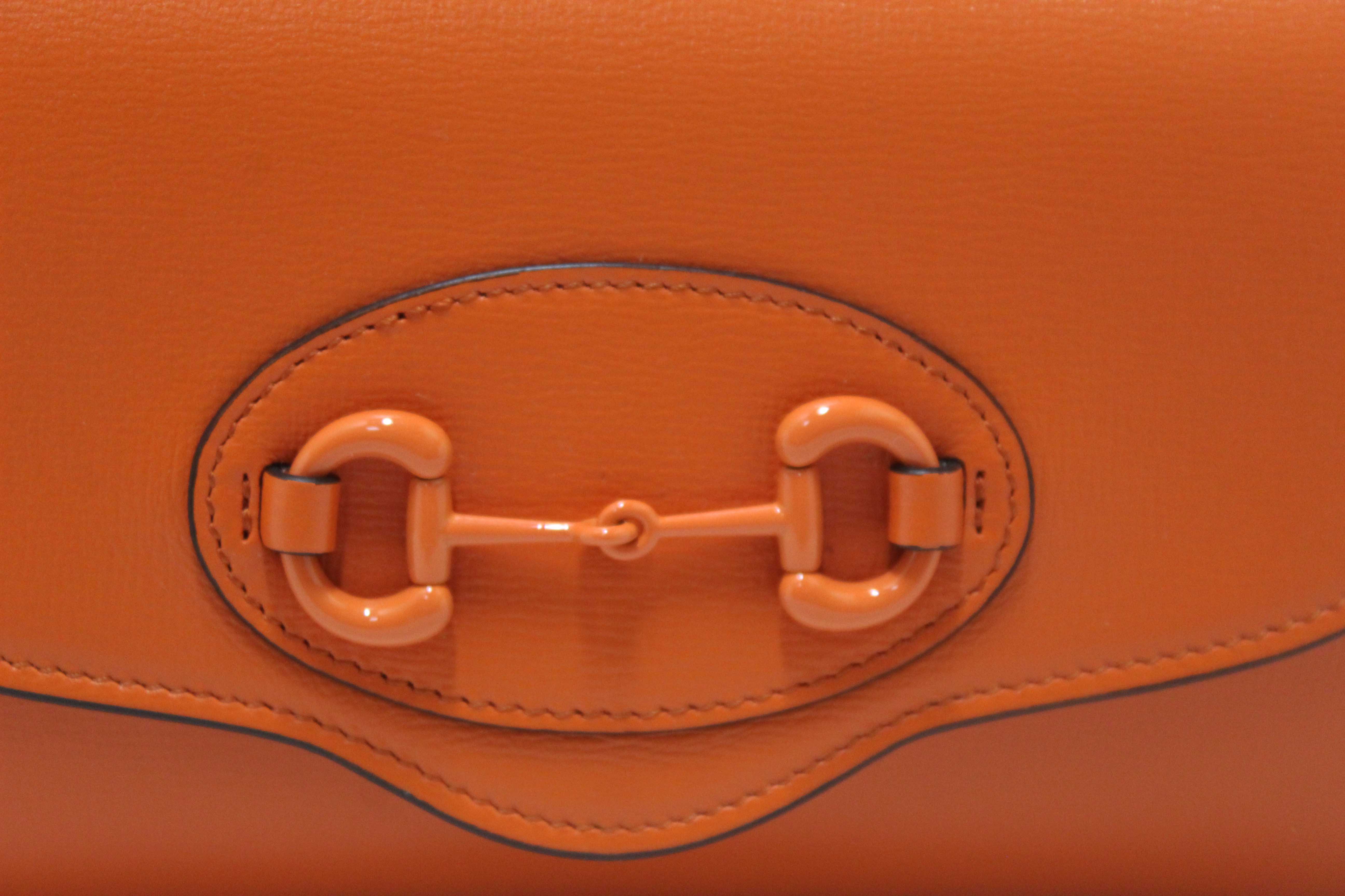 Authentic Gucci Orange Azalea Calfskin Web Monochrome Mini Horsebit 1955 Chain Shoulder Bag