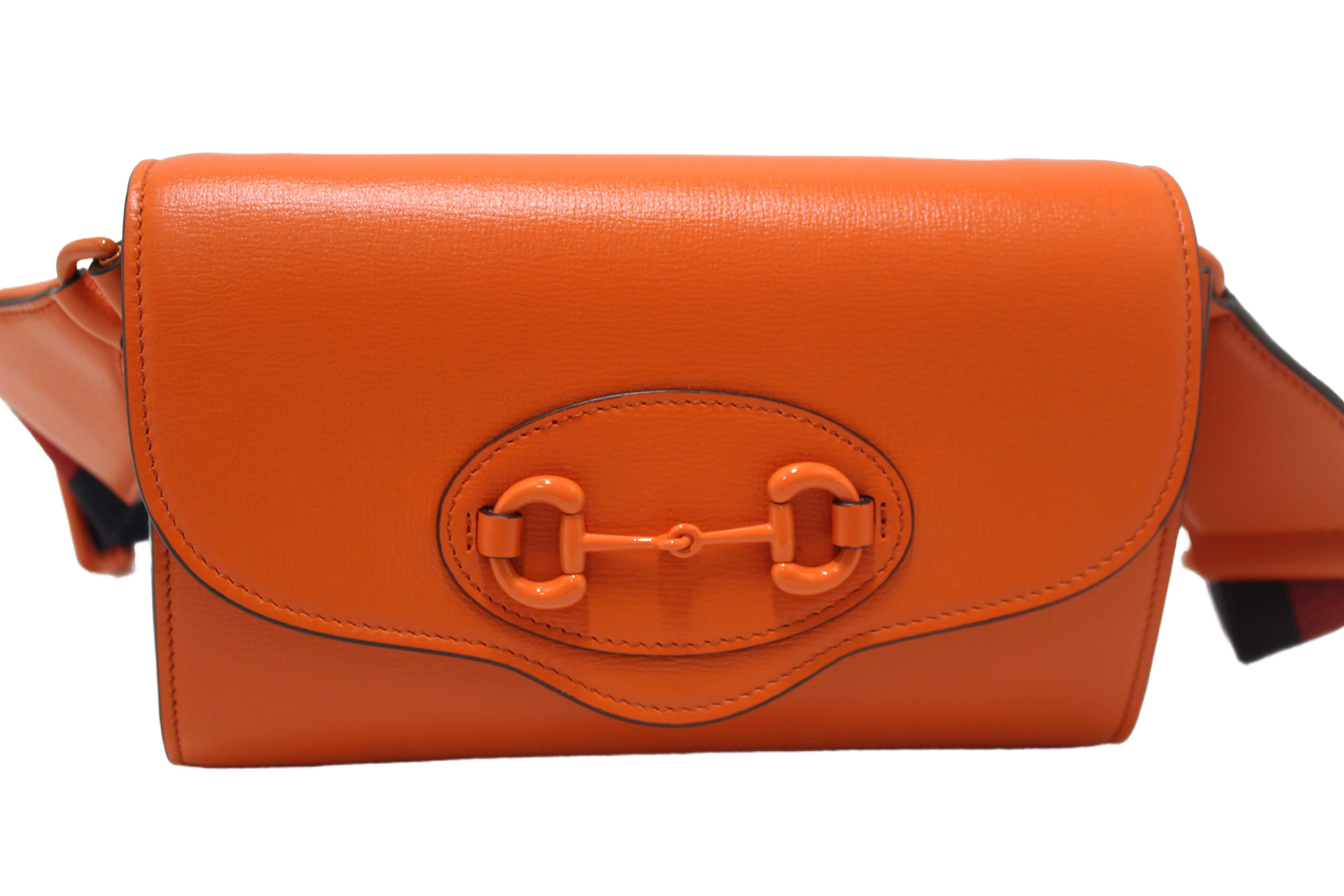 Authentic Gucci Orange Azalea Calfskin Web Monochrome Mini Horsebit 1955 Chain Shoulder Bag