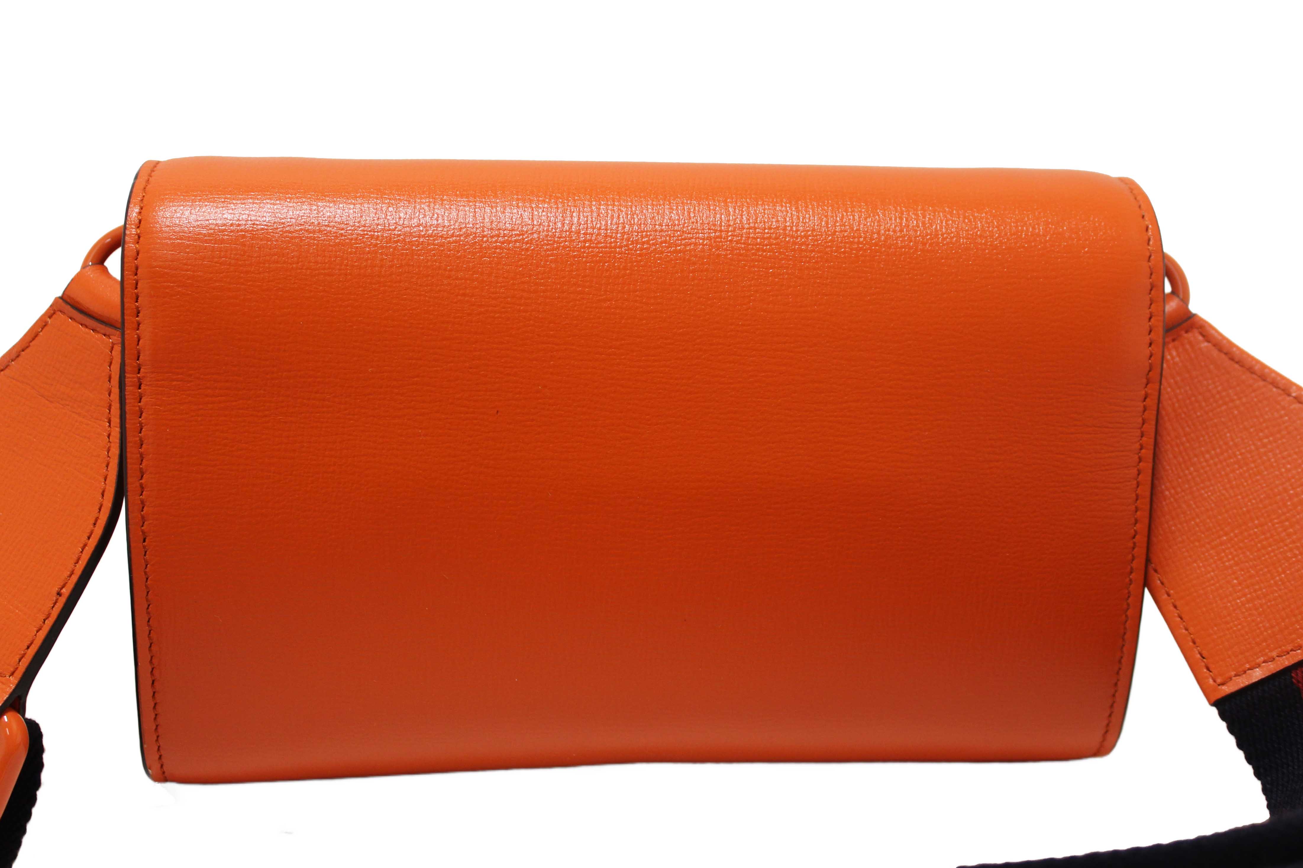 Authentic Gucci Orange Azalea Calfskin Web Monochrome Mini Horsebit 1955 Chain Shoulder Bag