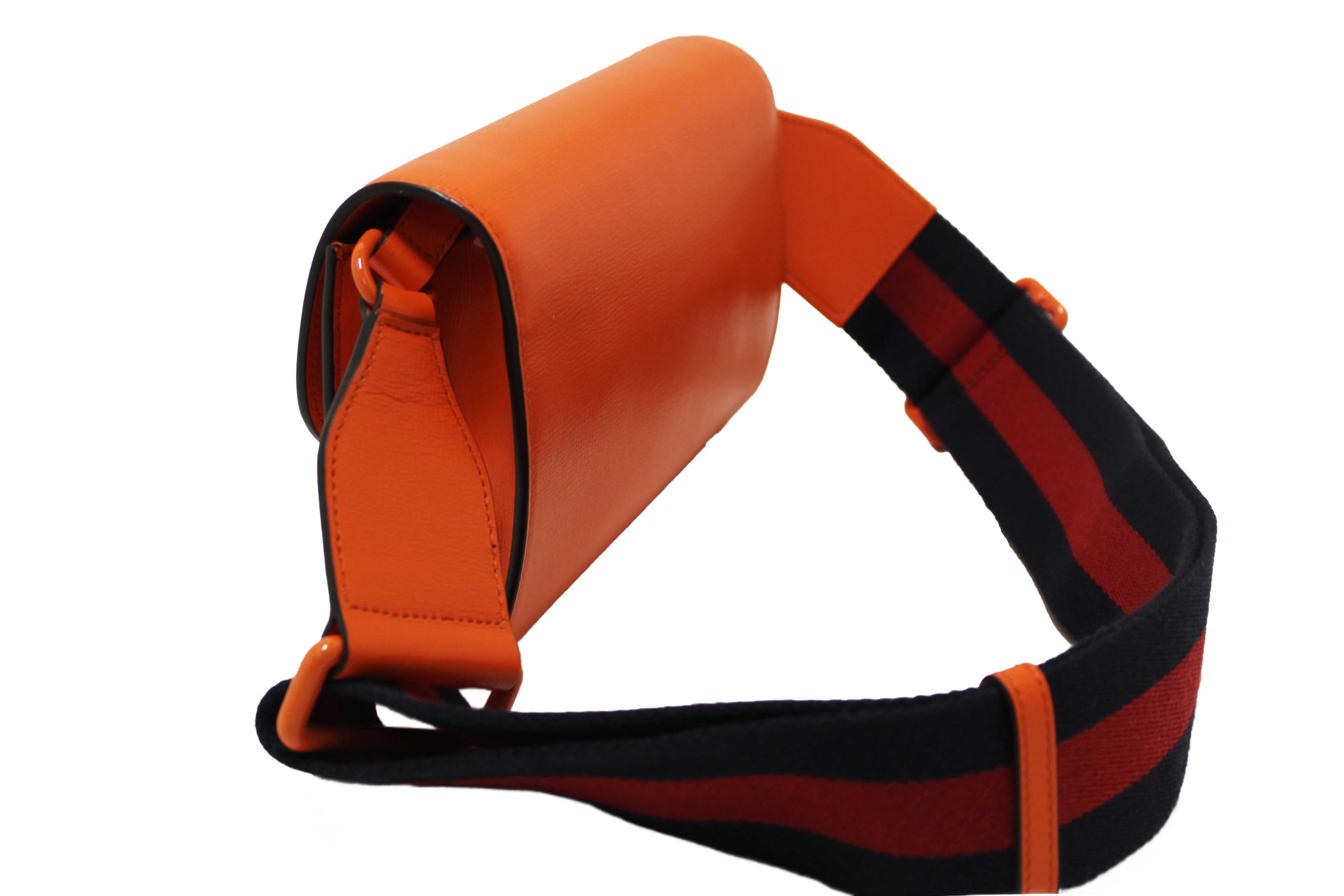 Authentic Gucci Orange Azalea Calfskin Web Monochrome Mini Horsebit 1955 Chain Shoulder Bag