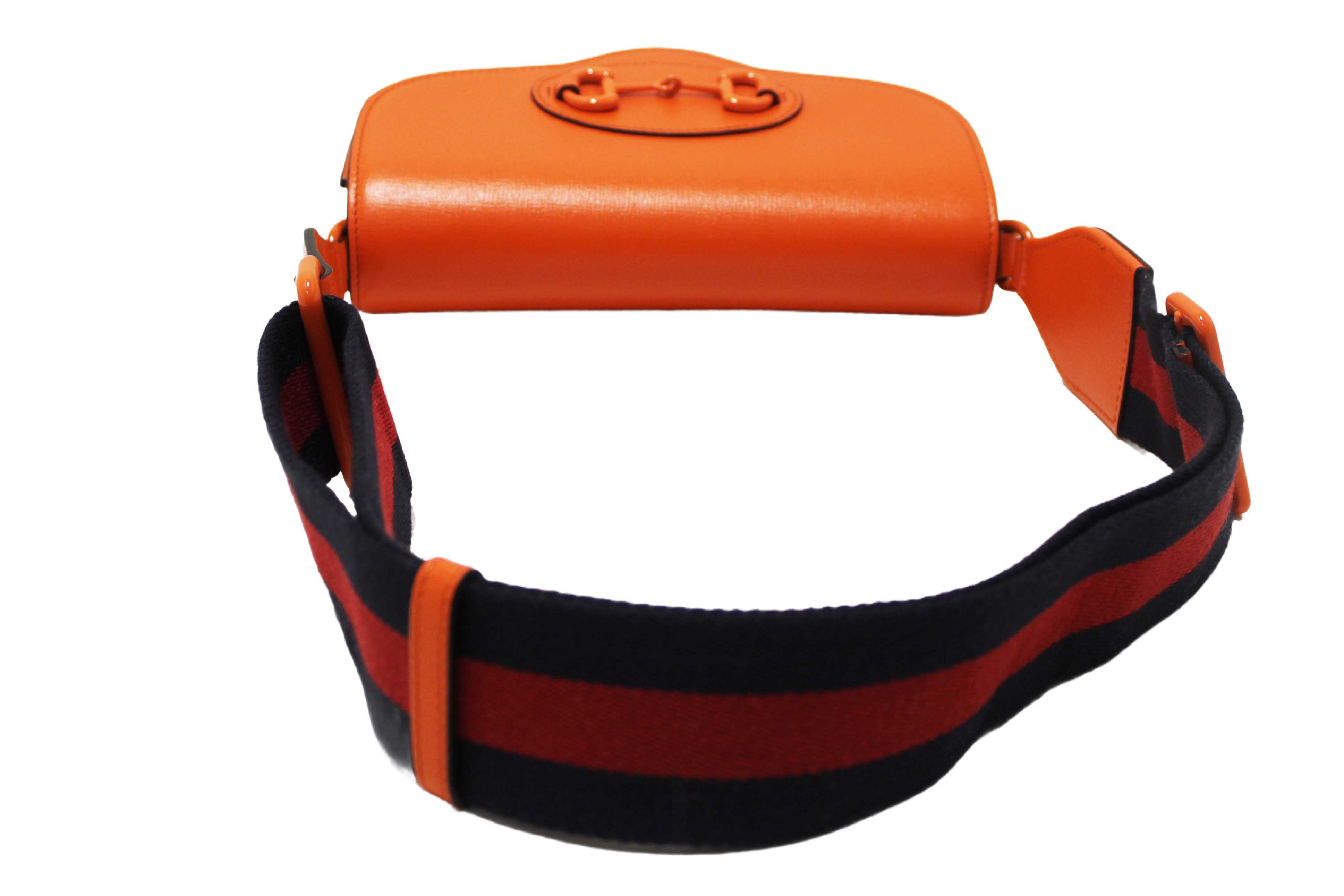 Authentic Gucci Orange Azalea Calfskin Web Monochrome Mini Horsebit 1955 Chain Shoulder Bag