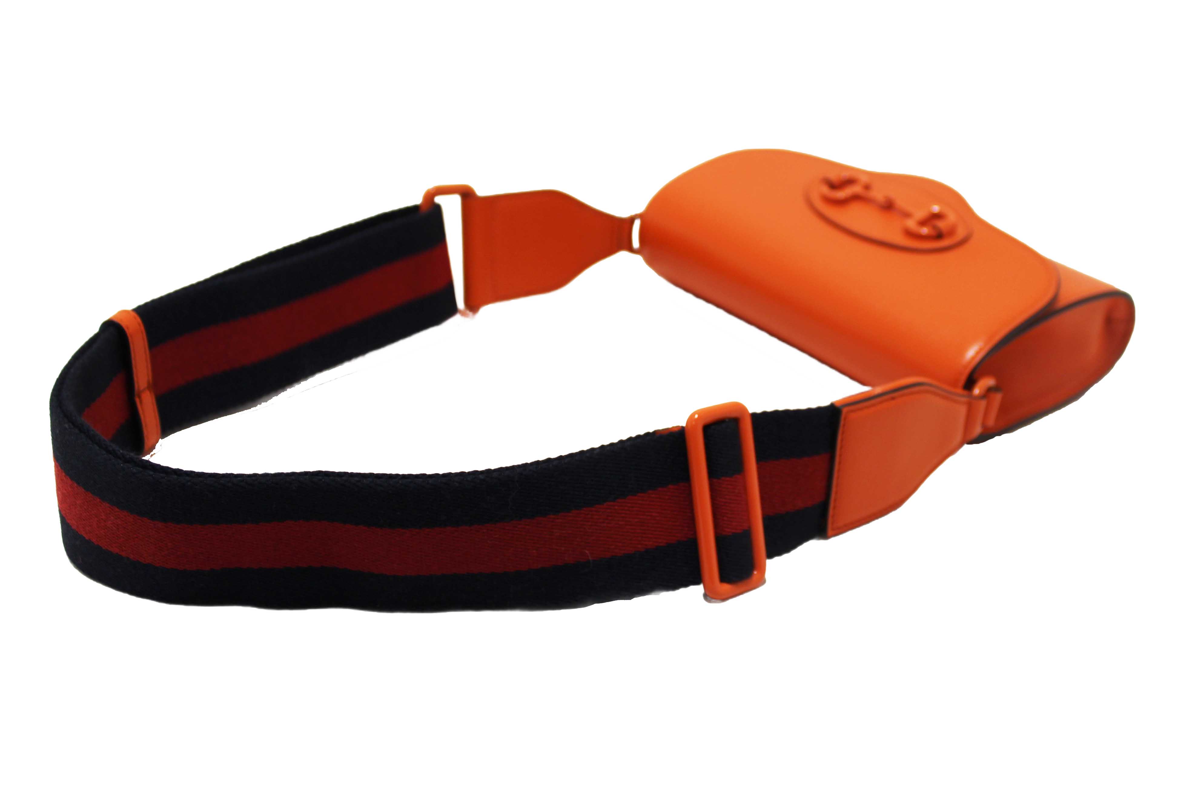 Authentic Gucci Orange Azalea Calfskin Web Monochrome Mini Horsebit 1955 Chain Shoulder Bag