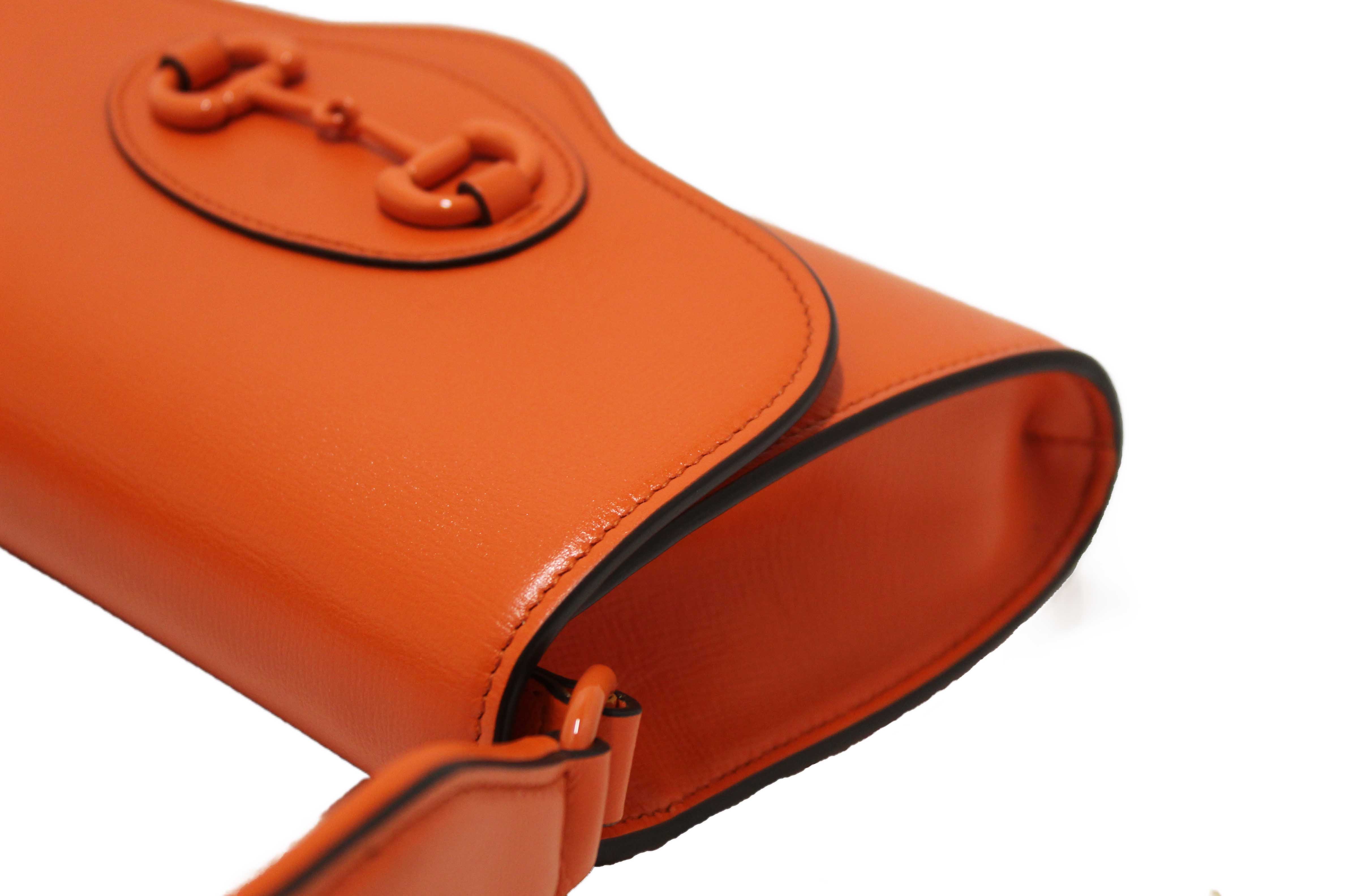 Authentic Gucci Orange Azalea Calfskin Web Monochrome Mini Horsebit 1955 Chain Shoulder Bag