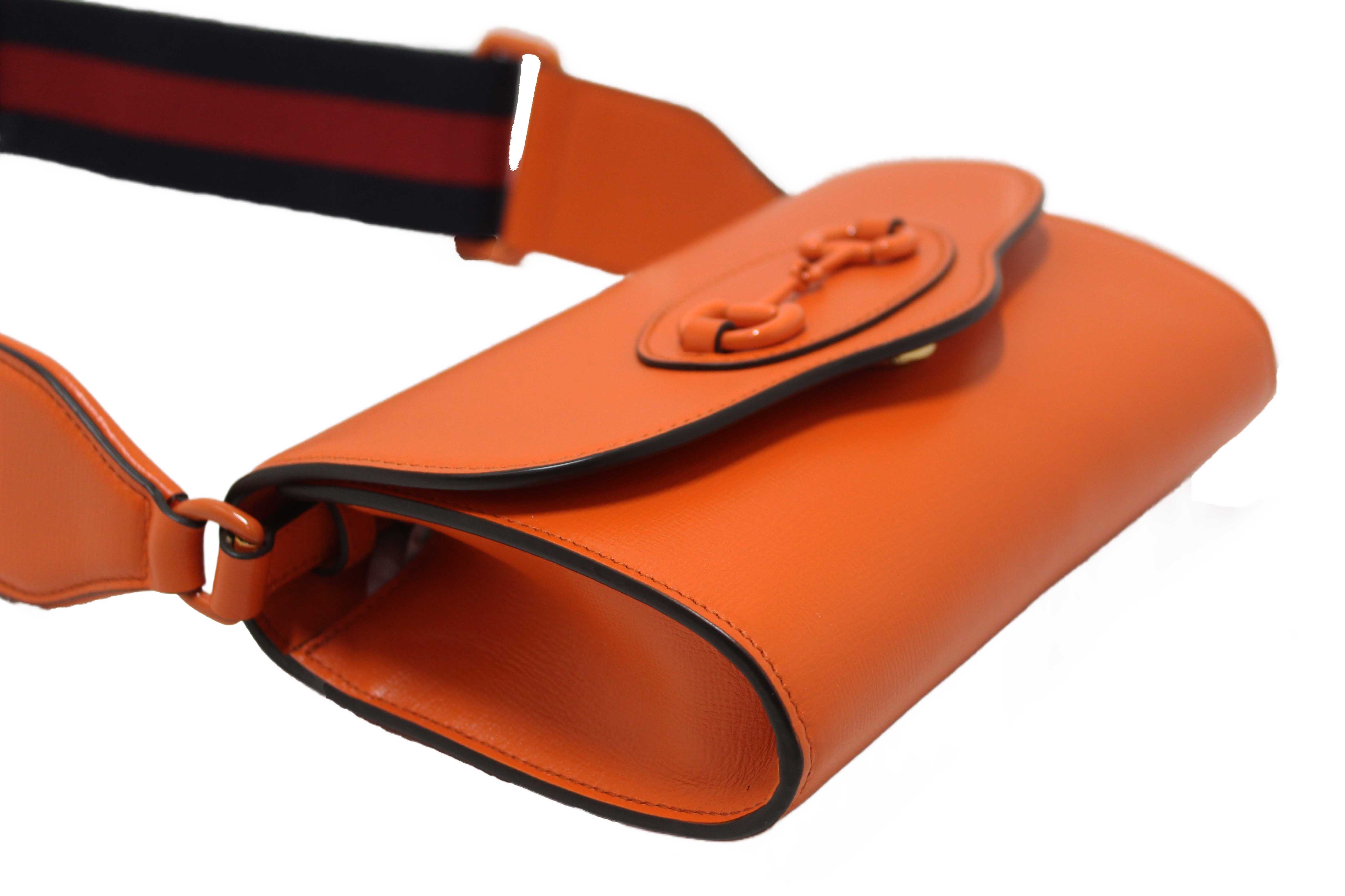 Authentic Gucci Orange Azalea Calfskin Web Monochrome Mini Horsebit 1955 Chain Shoulder Bag