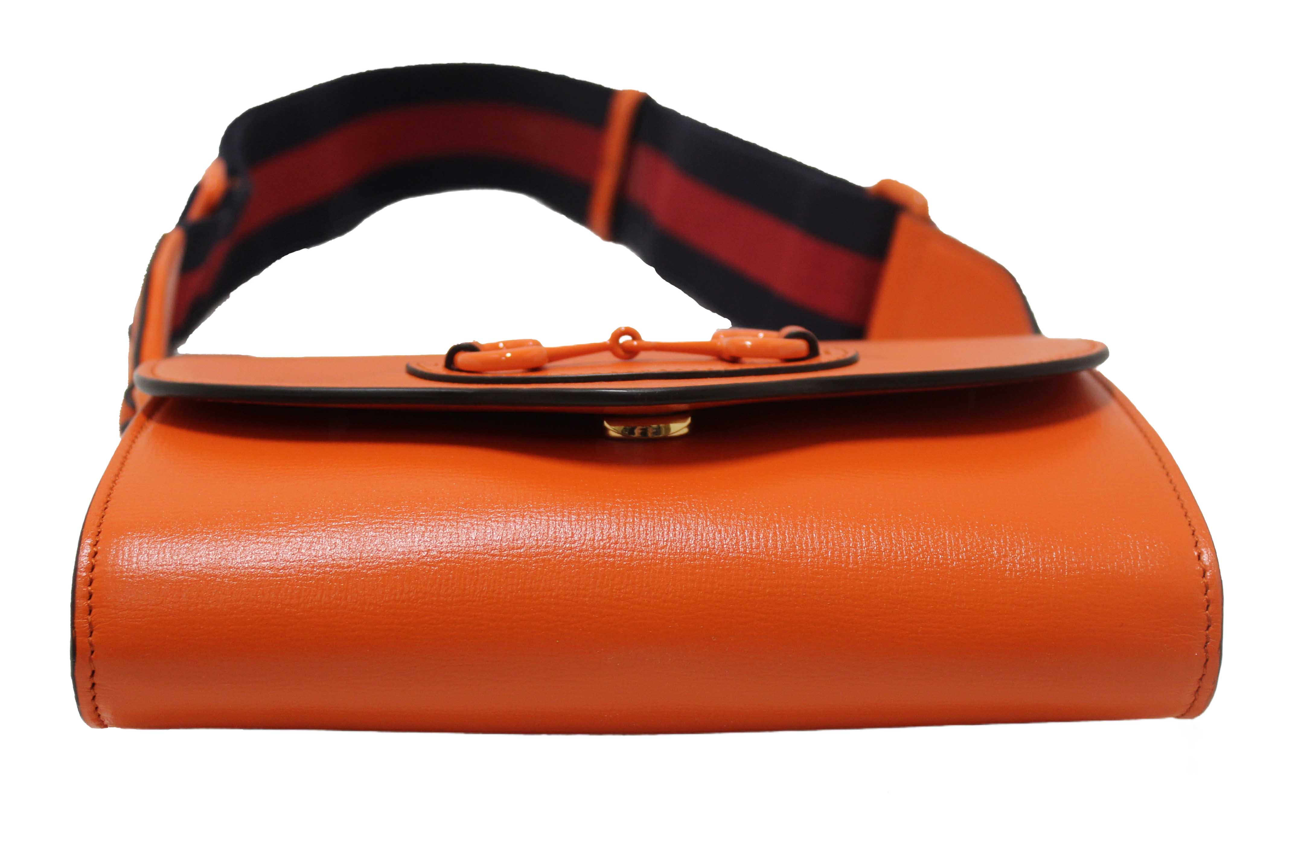 Authentic Gucci Orange Azalea Calfskin Web Monochrome Mini Horsebit 1955 Chain Shoulder Bag