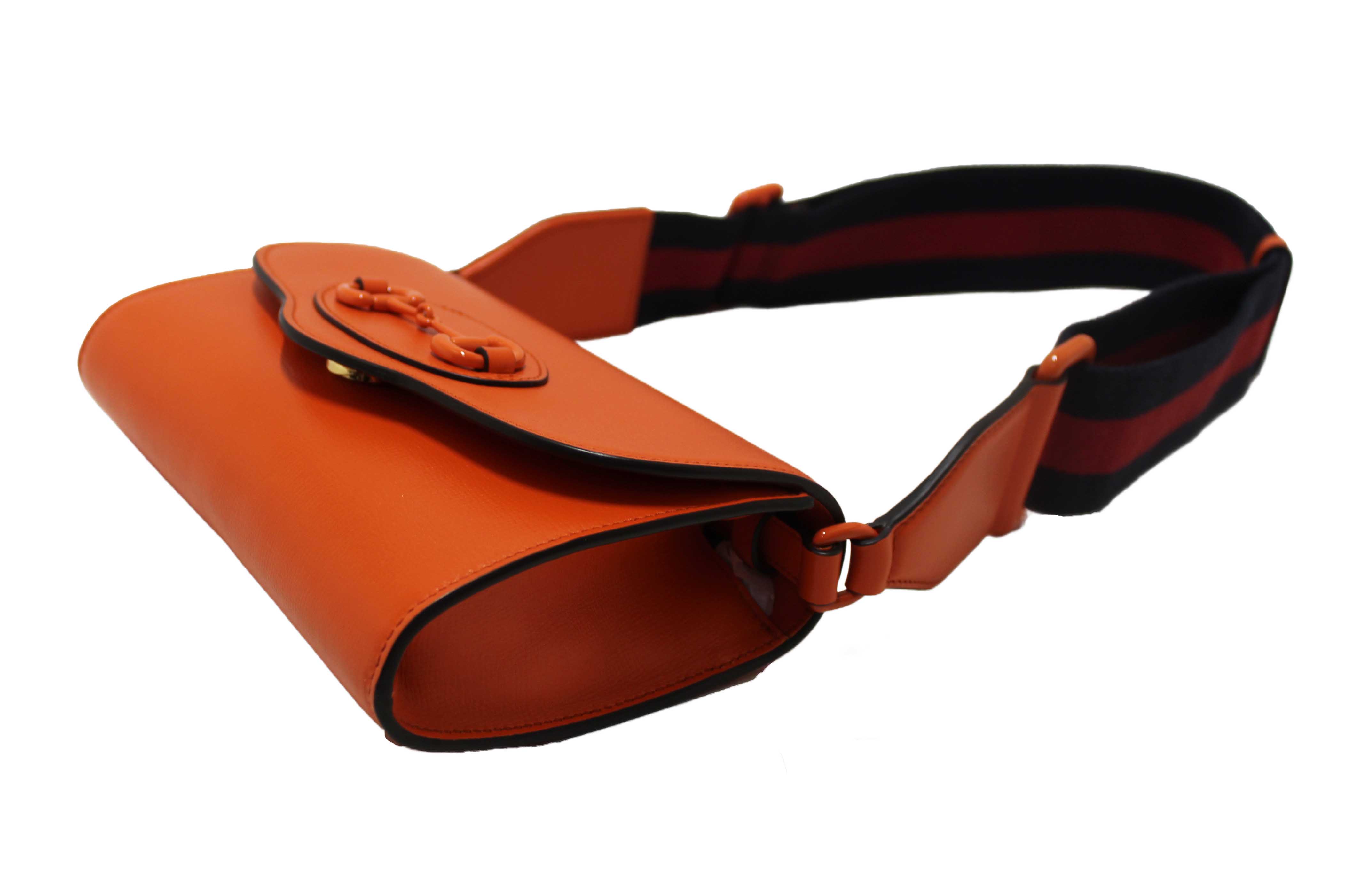 Authentic Gucci Orange Azalea Calfskin Web Monochrome Mini Horsebit 1955 Chain Shoulder Bag
