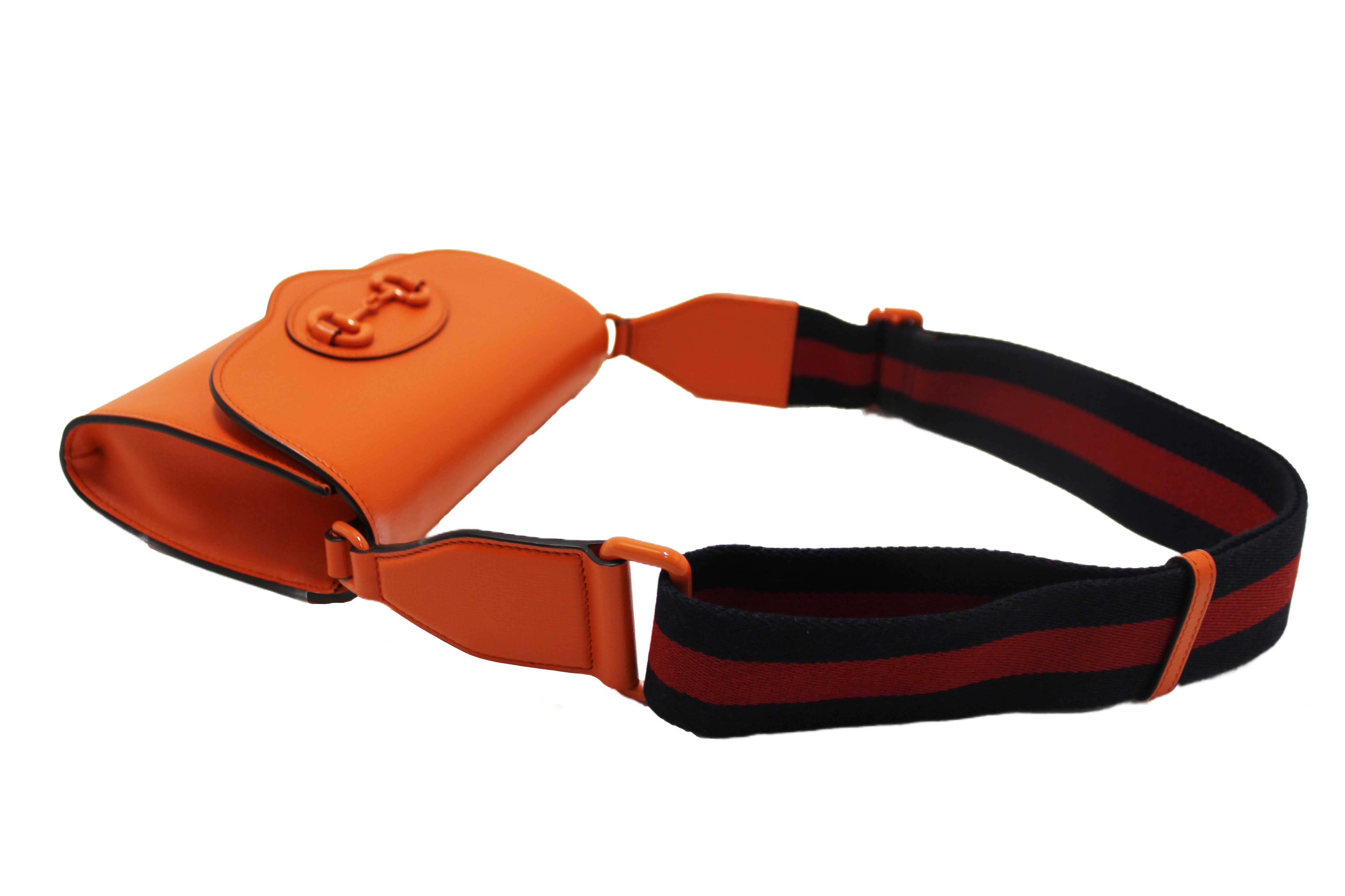 Authentic Gucci Orange Azalea Calfskin Web Monochrome Mini Horsebit 1955 Chain Shoulder Bag