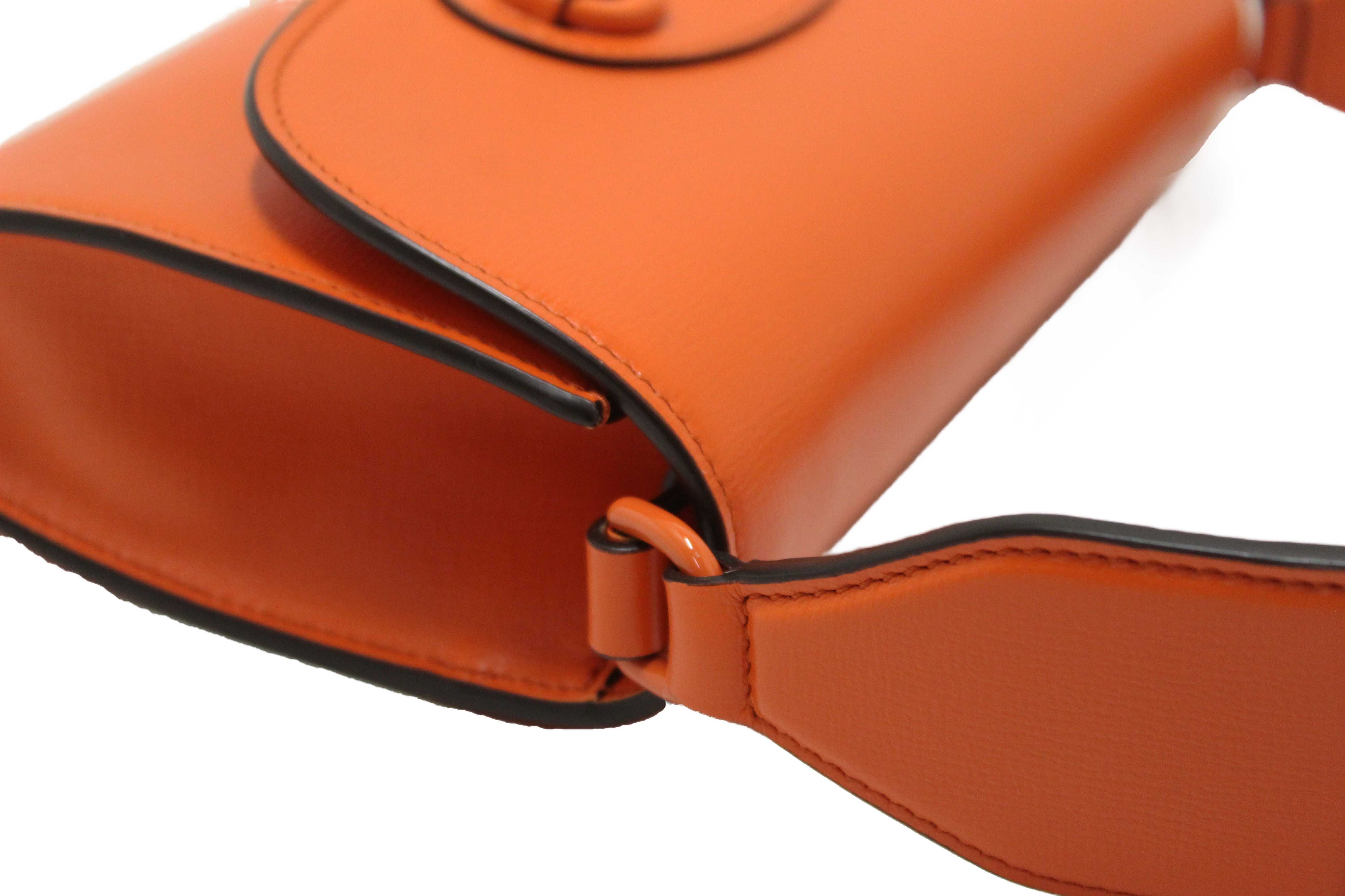 Authentic Gucci Orange Azalea Calfskin Web Monochrome Mini Horsebit 1955 Chain Shoulder Bag