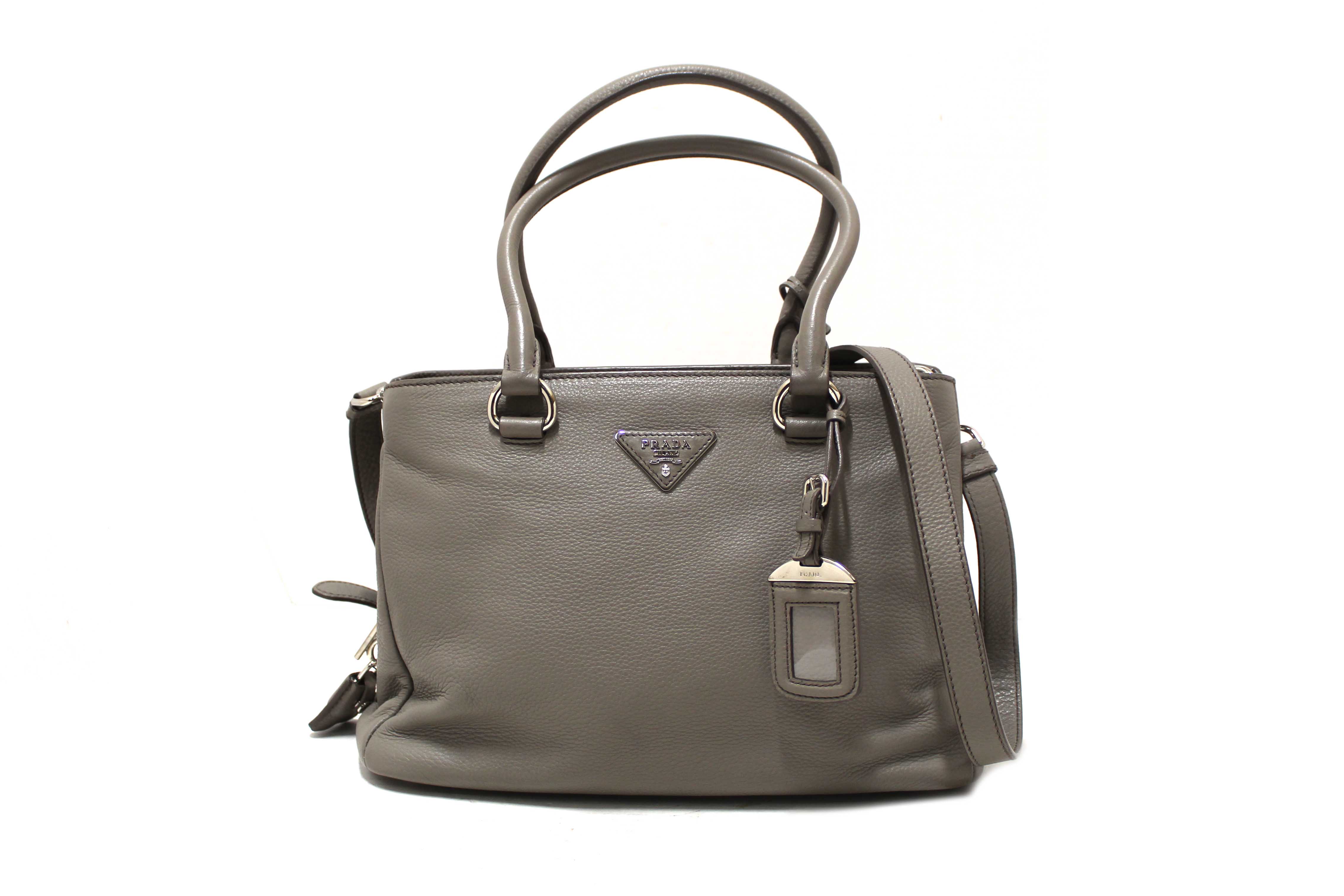 Authentic Prada Grey Vitello Daino Leather Double Top Handle Bag