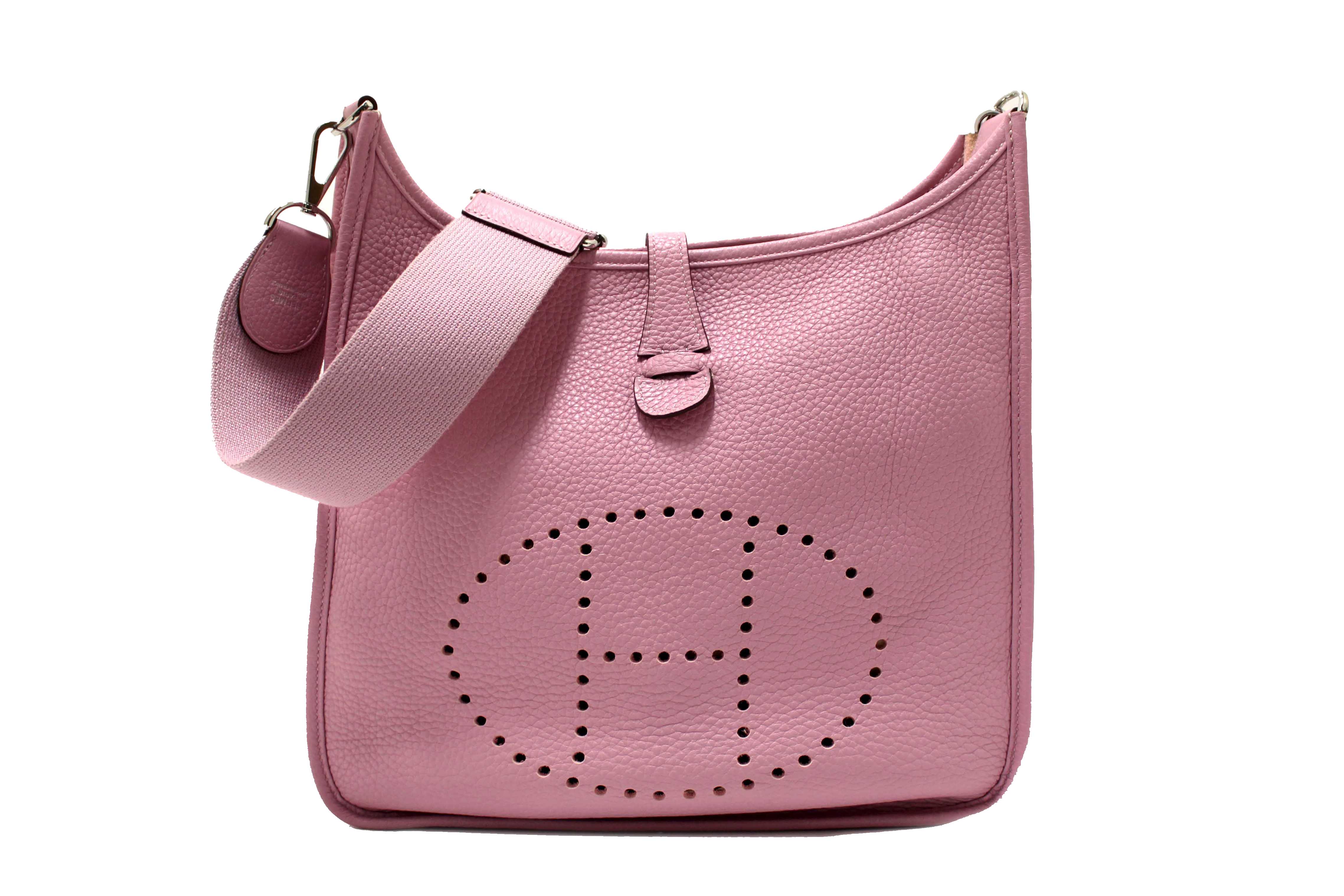 Authentic Hermes Pink Clemence Leather Evelyne III PM Messenger Bag