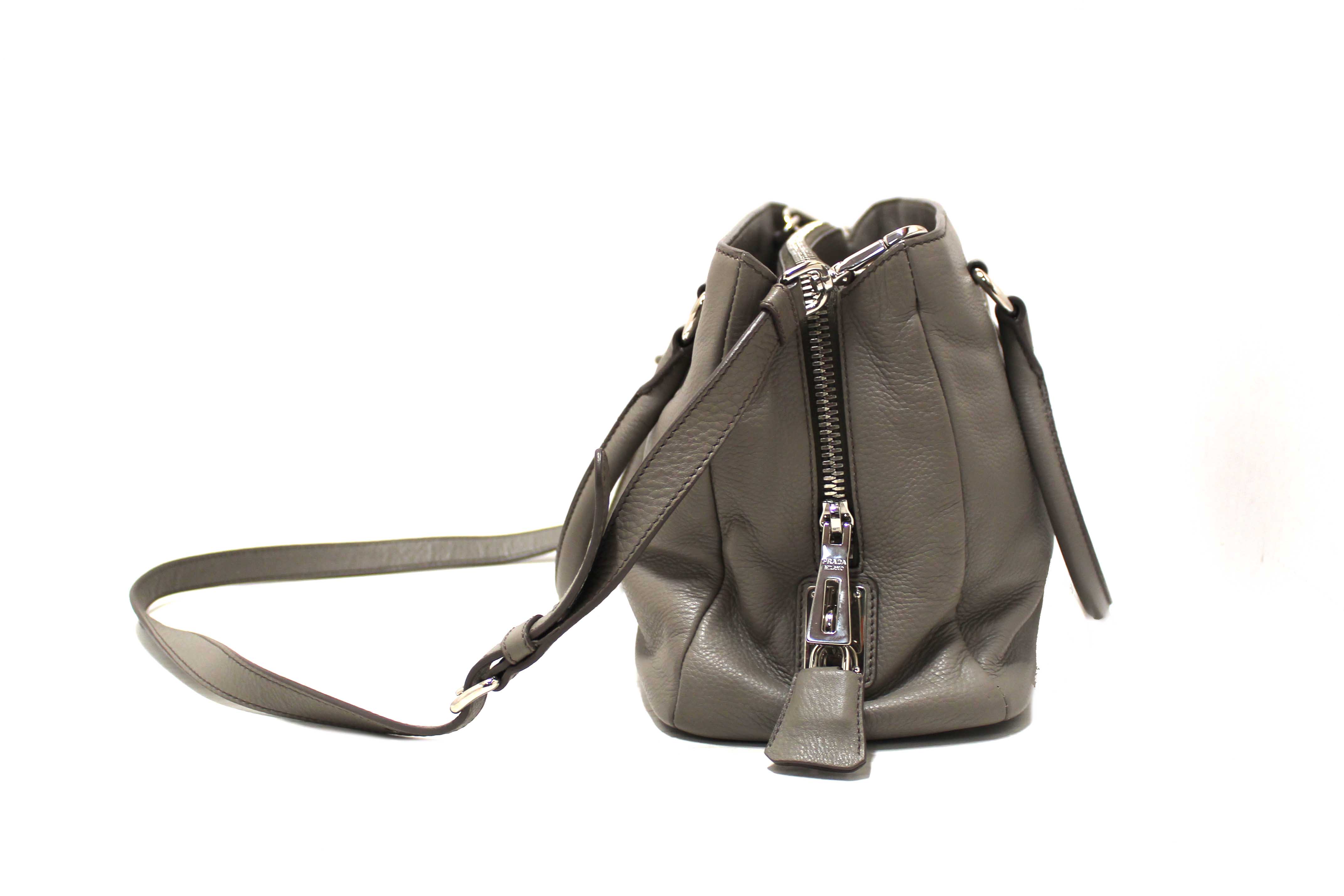 Authentic Prada Grey Vitello Daino Leather Double Top Handle Bag