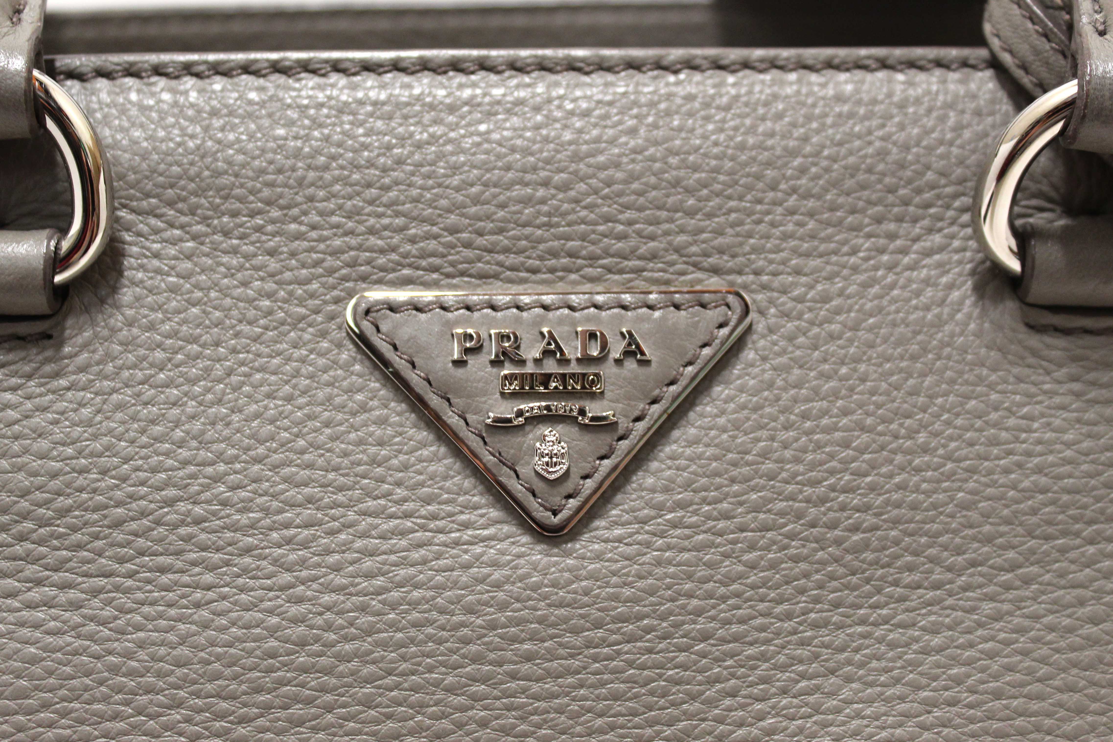 Authentic Prada Grey Vitello Daino Leather Double Top Handle Bag