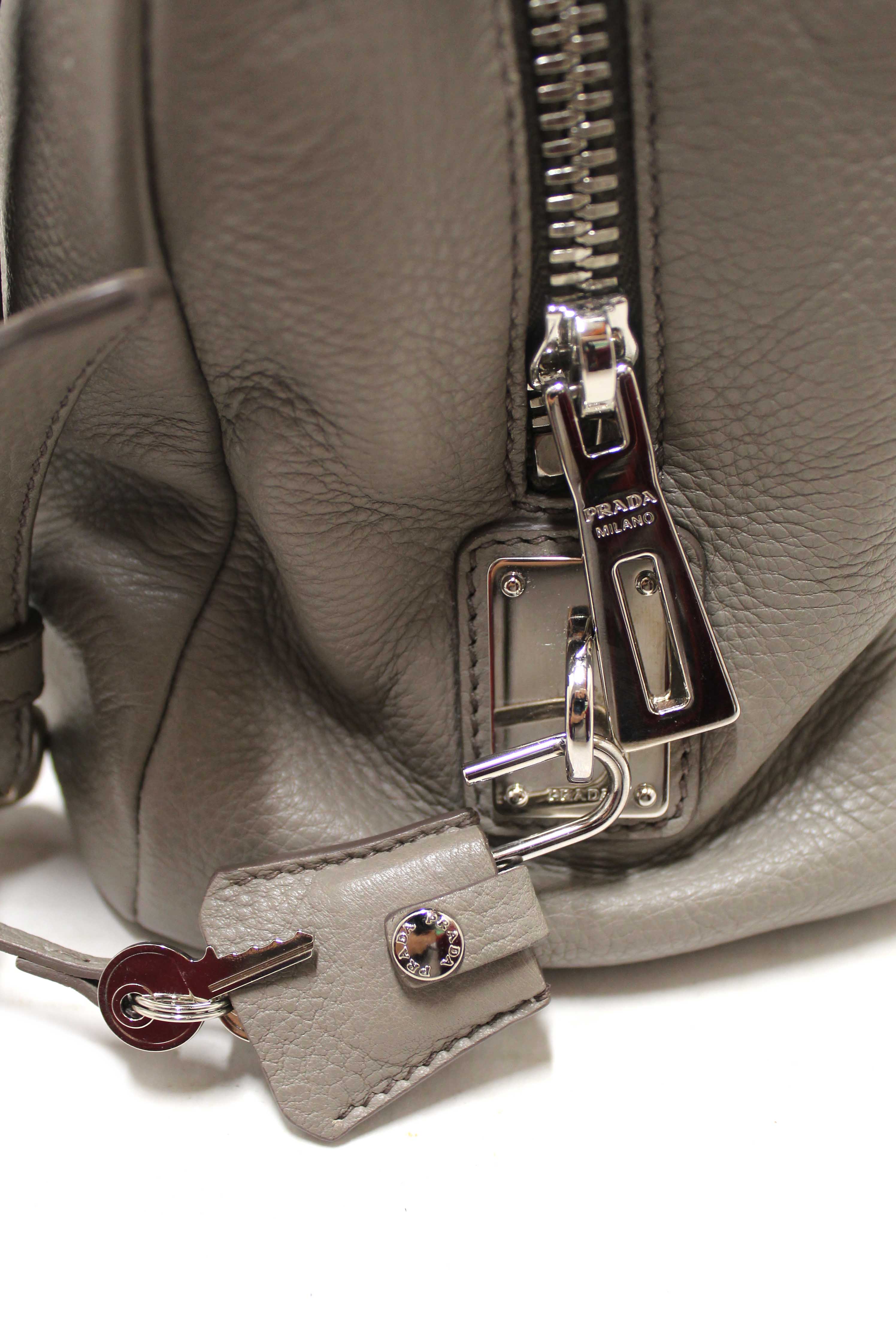 Authentic Prada Grey Vitello Daino Leather Double Top Handle Bag