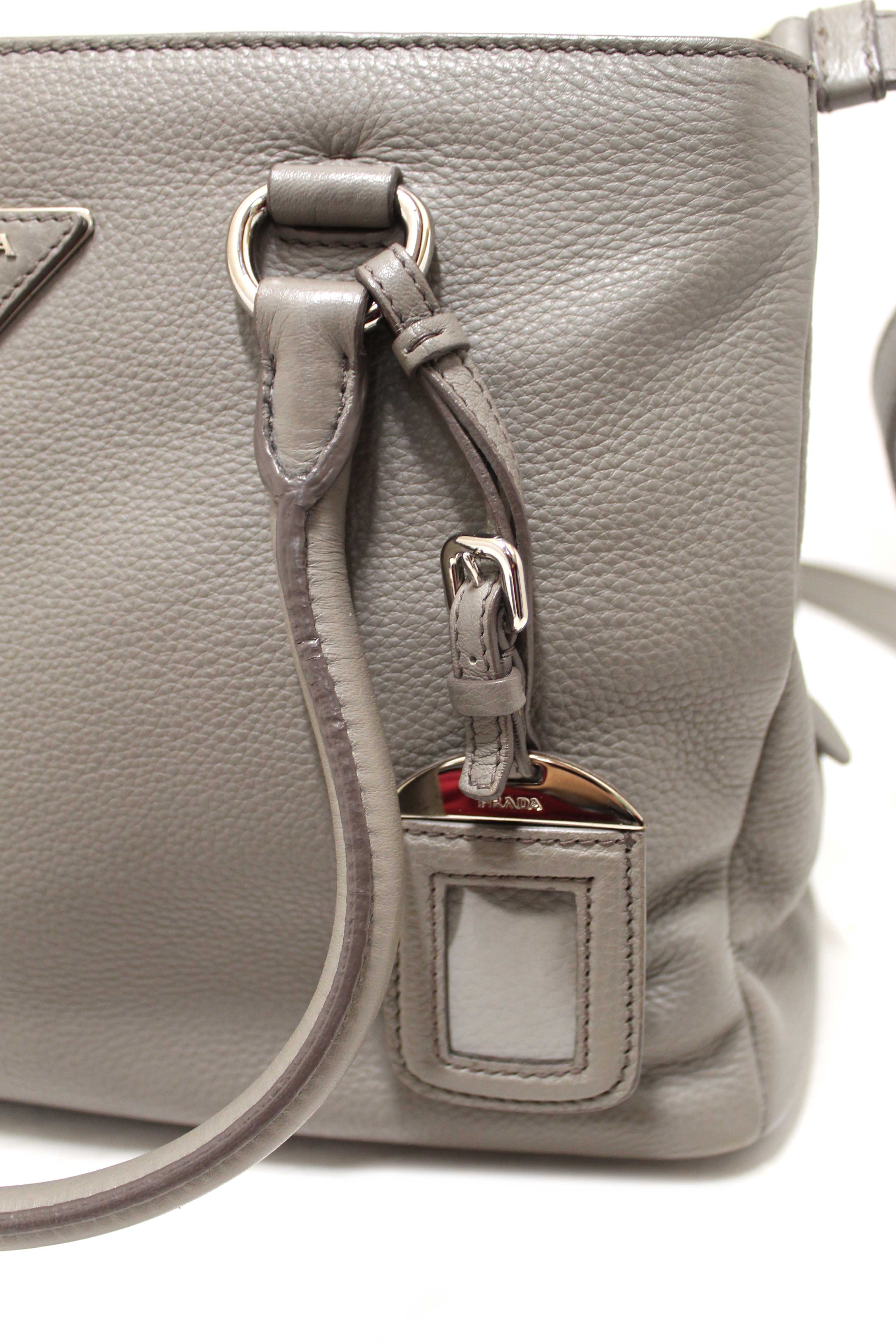 Authentic Prada Grey Vitello Daino Leather Double Top Handle Bag