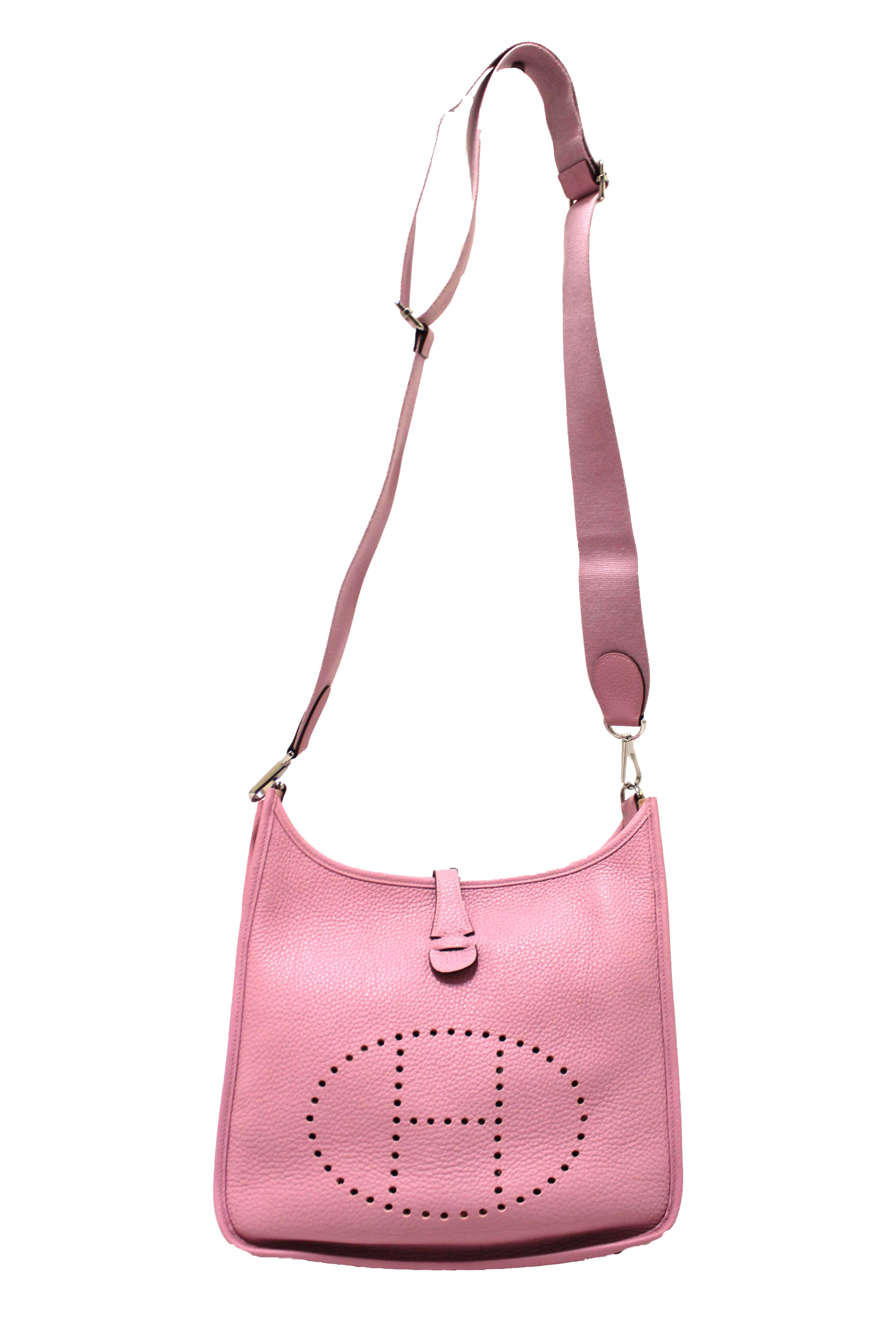 Authentic Hermes Pink Clemence Leather Evelyne III PM Messenger Bag