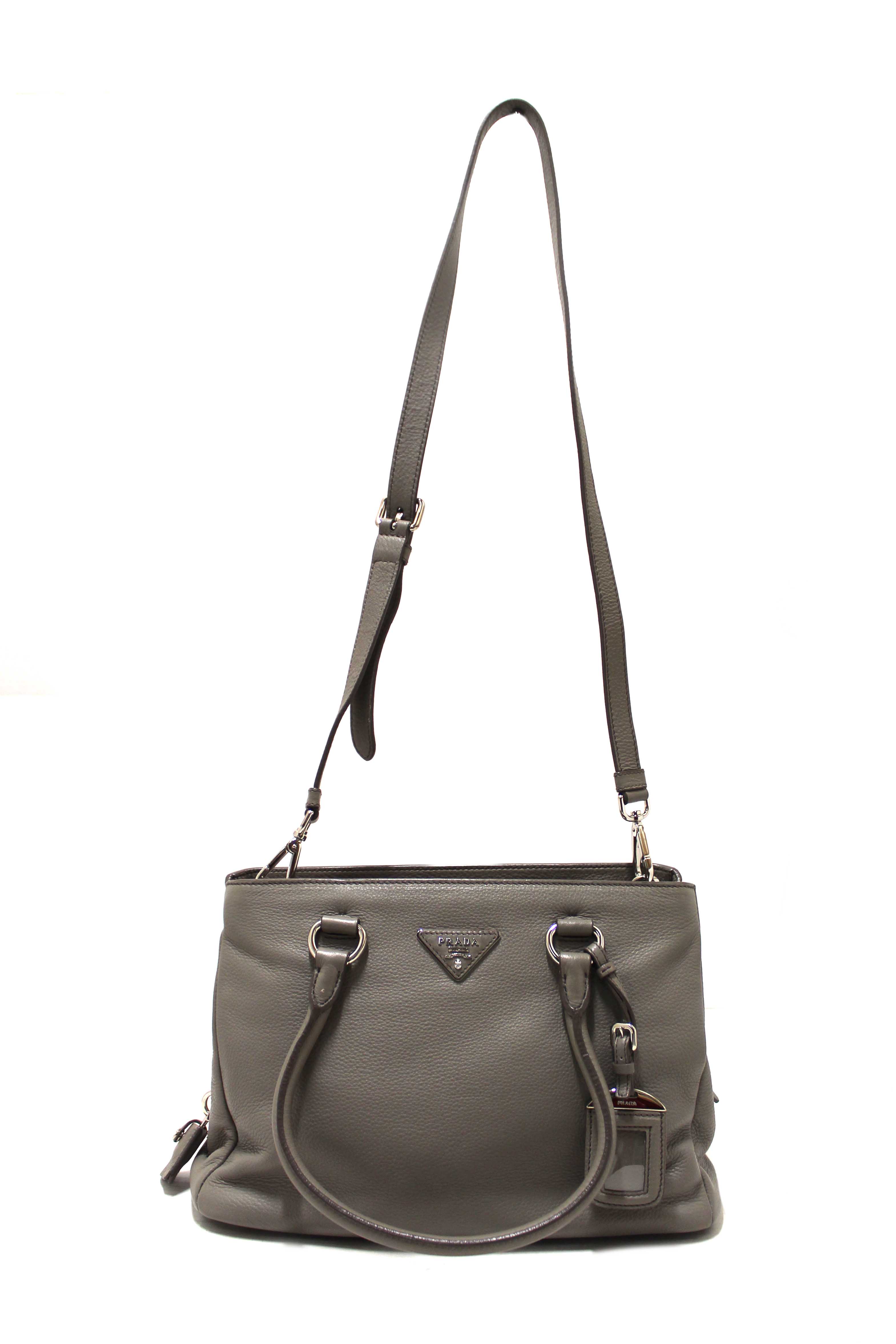 Authentic Prada Grey Vitello Daino Leather Double Top Handle Bag