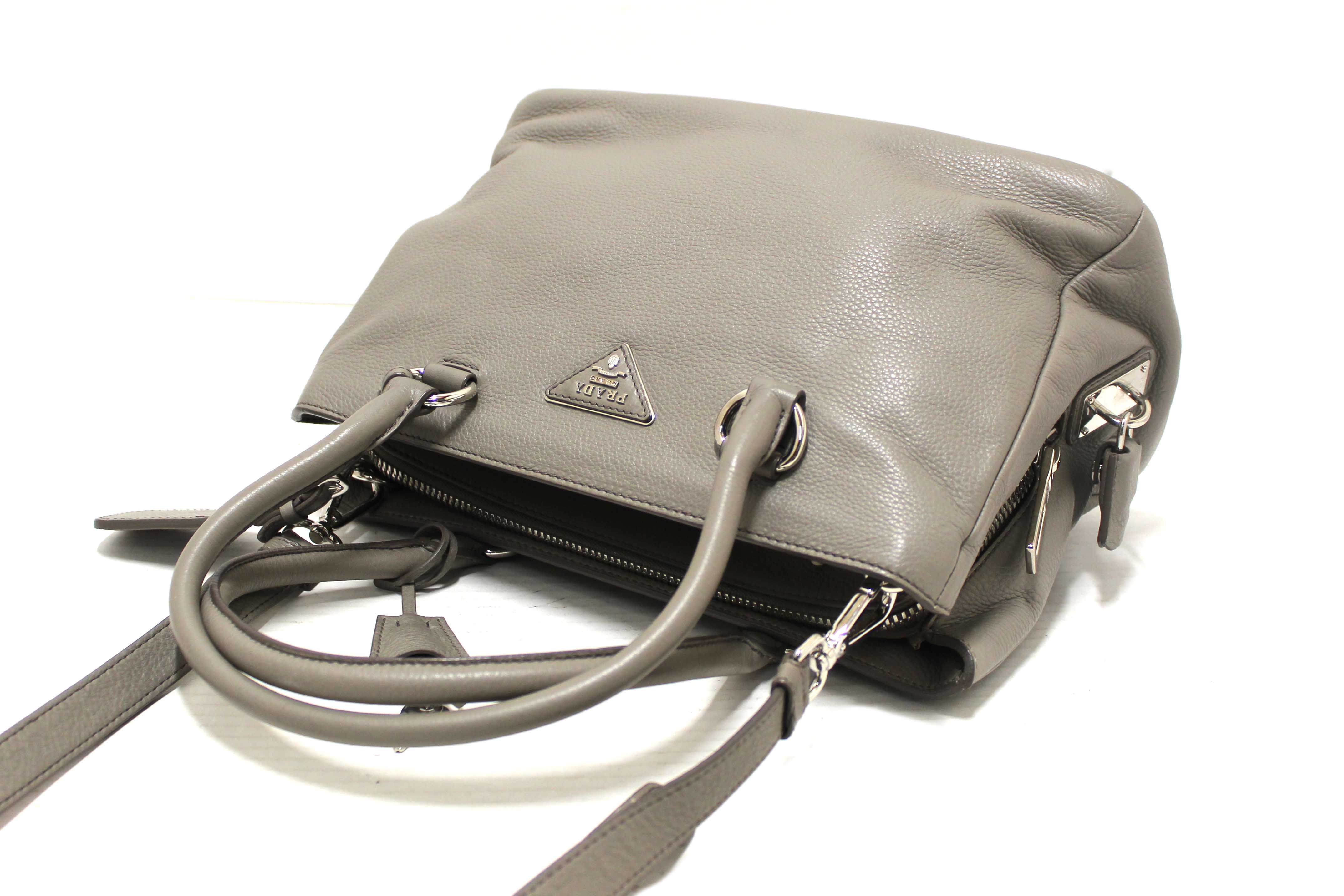 Authentic Prada Grey Vitello Daino Leather Double Top Handle Bag