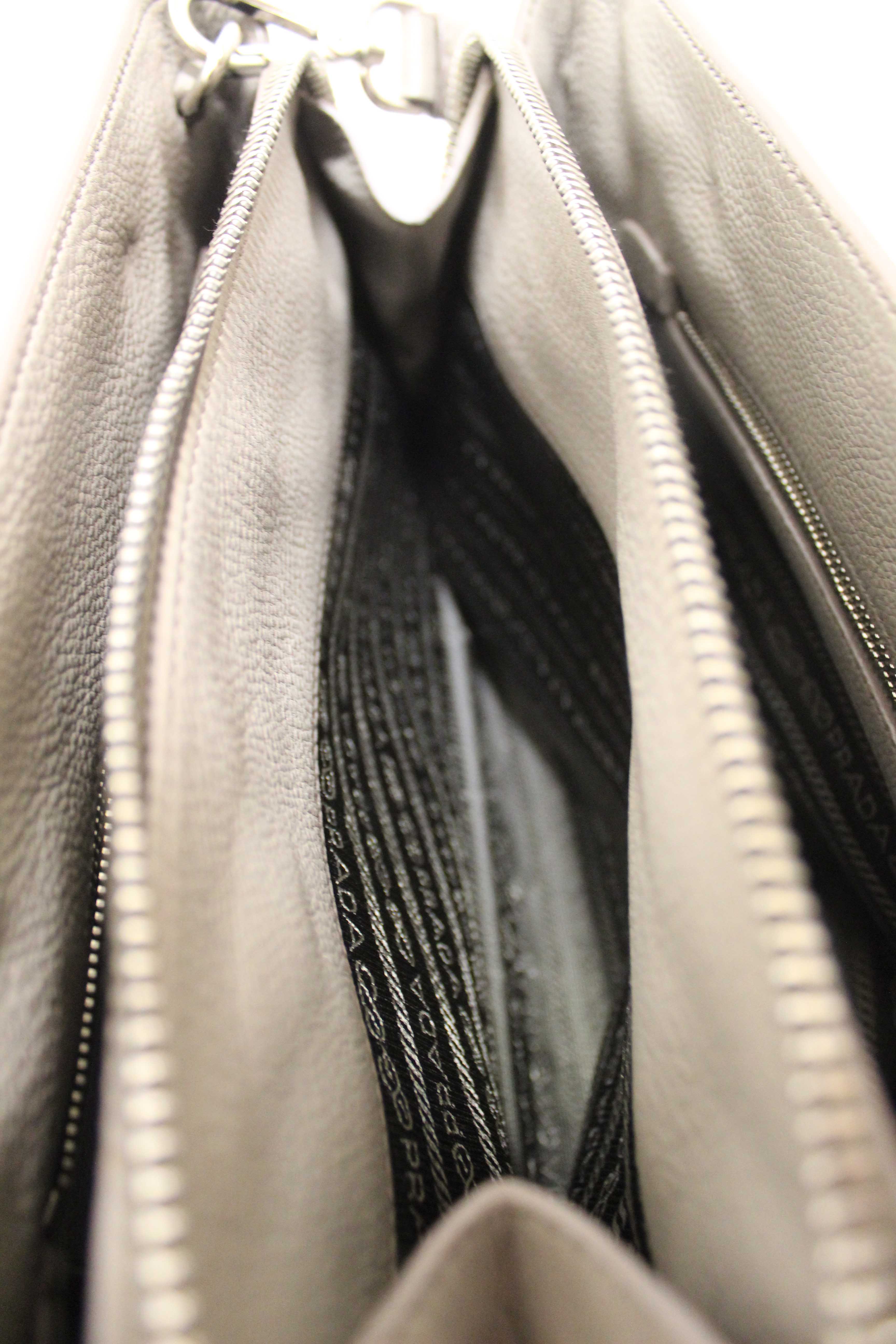 Authentic Prada Grey Vitello Daino Leather Double Top Handle Bag