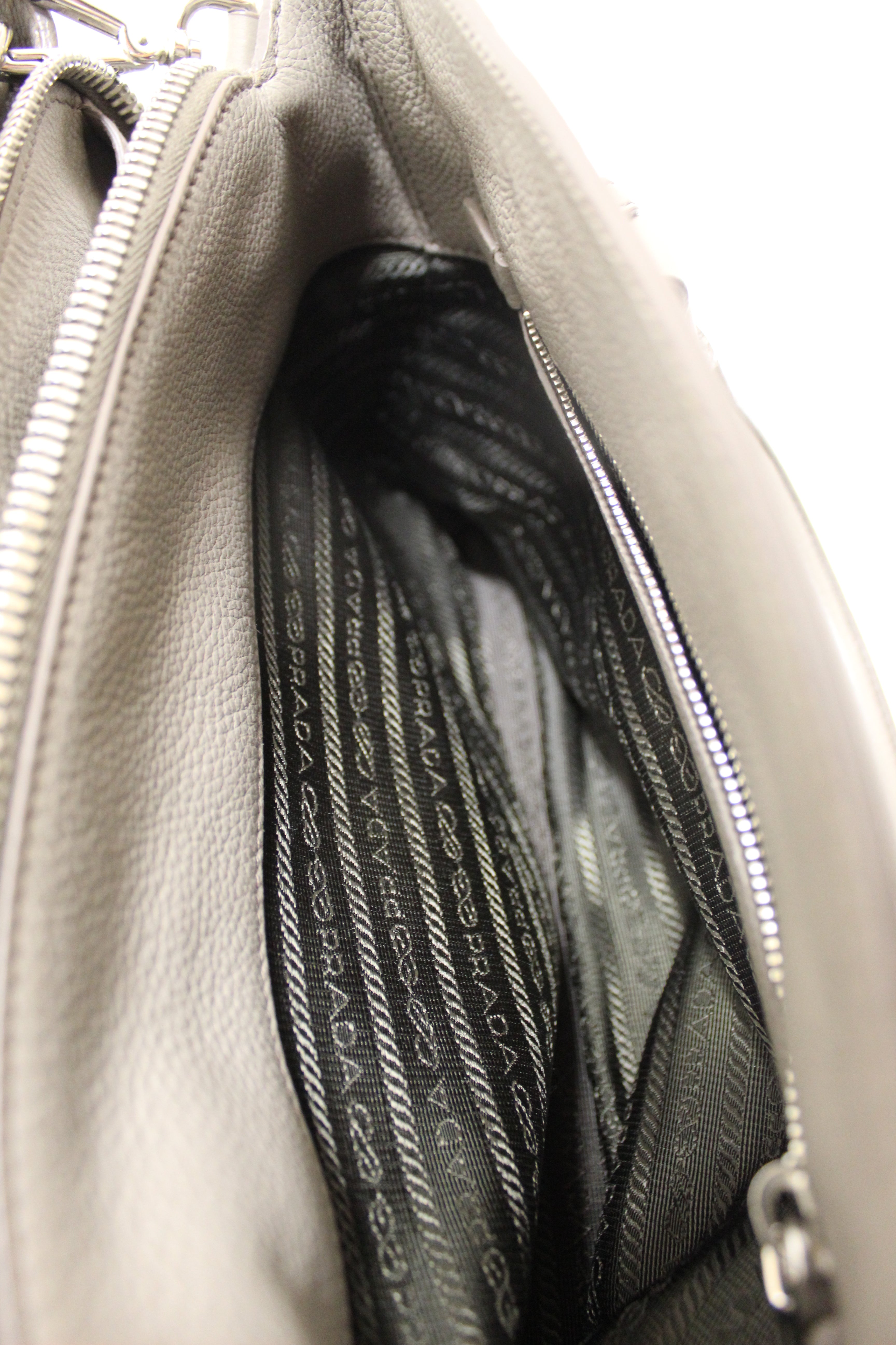 Authentic Prada Grey Vitello Daino Leather Double Top Handle Bag