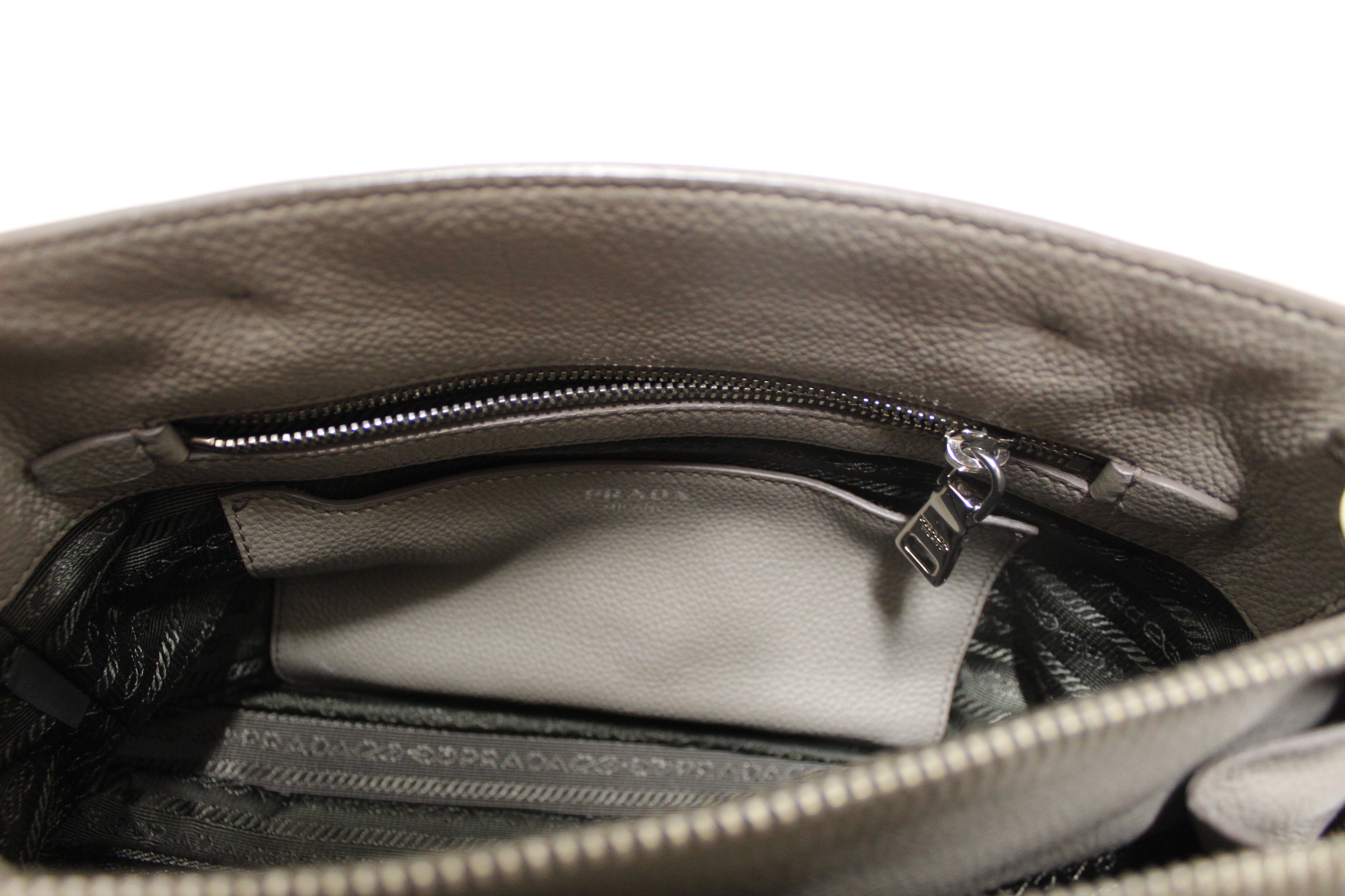 Authentic Prada Grey Vitello Daino Leather Double Top Handle Bag