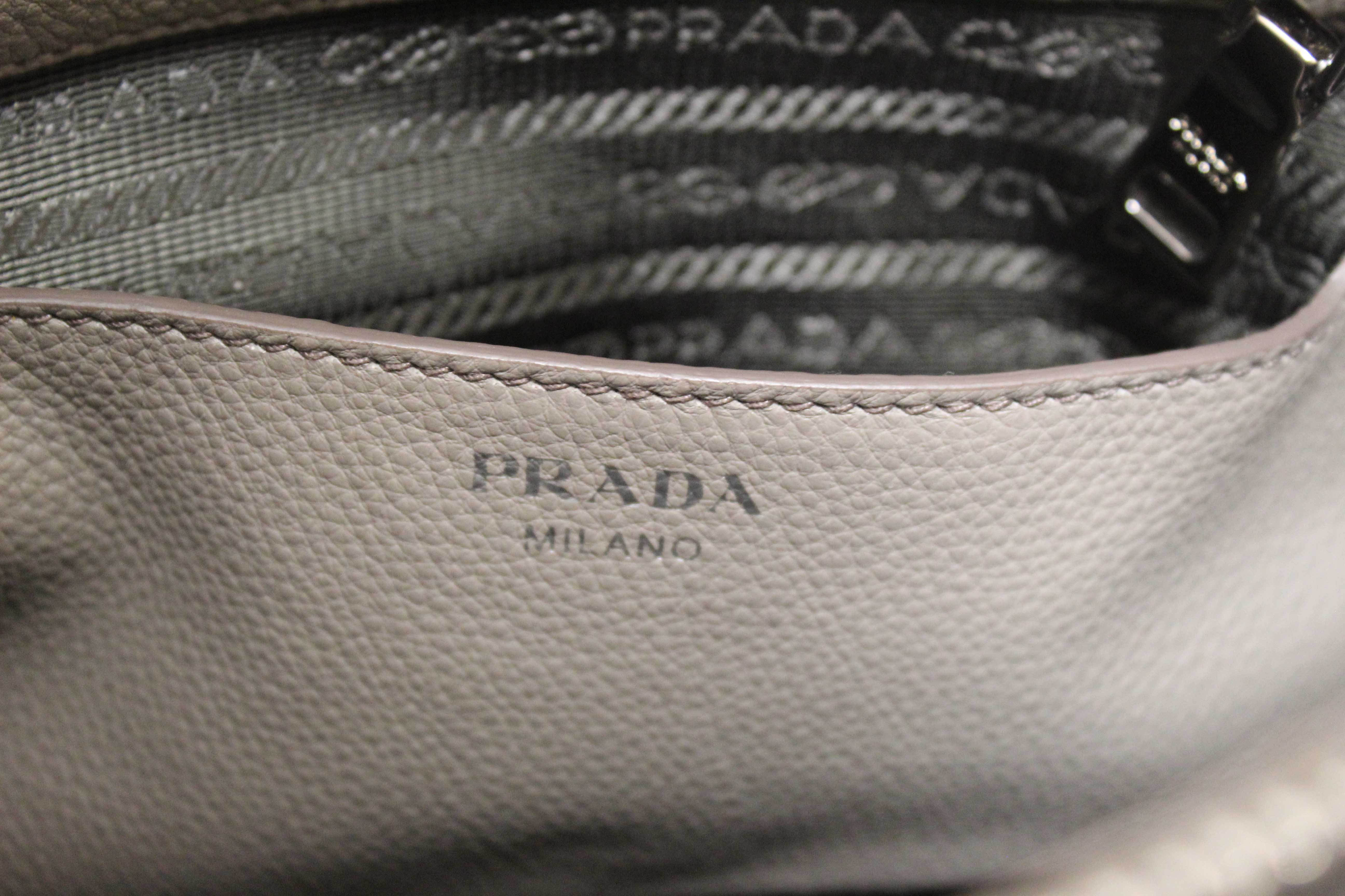 Authentic Prada Grey Vitello Daino Leather Double Top Handle Bag