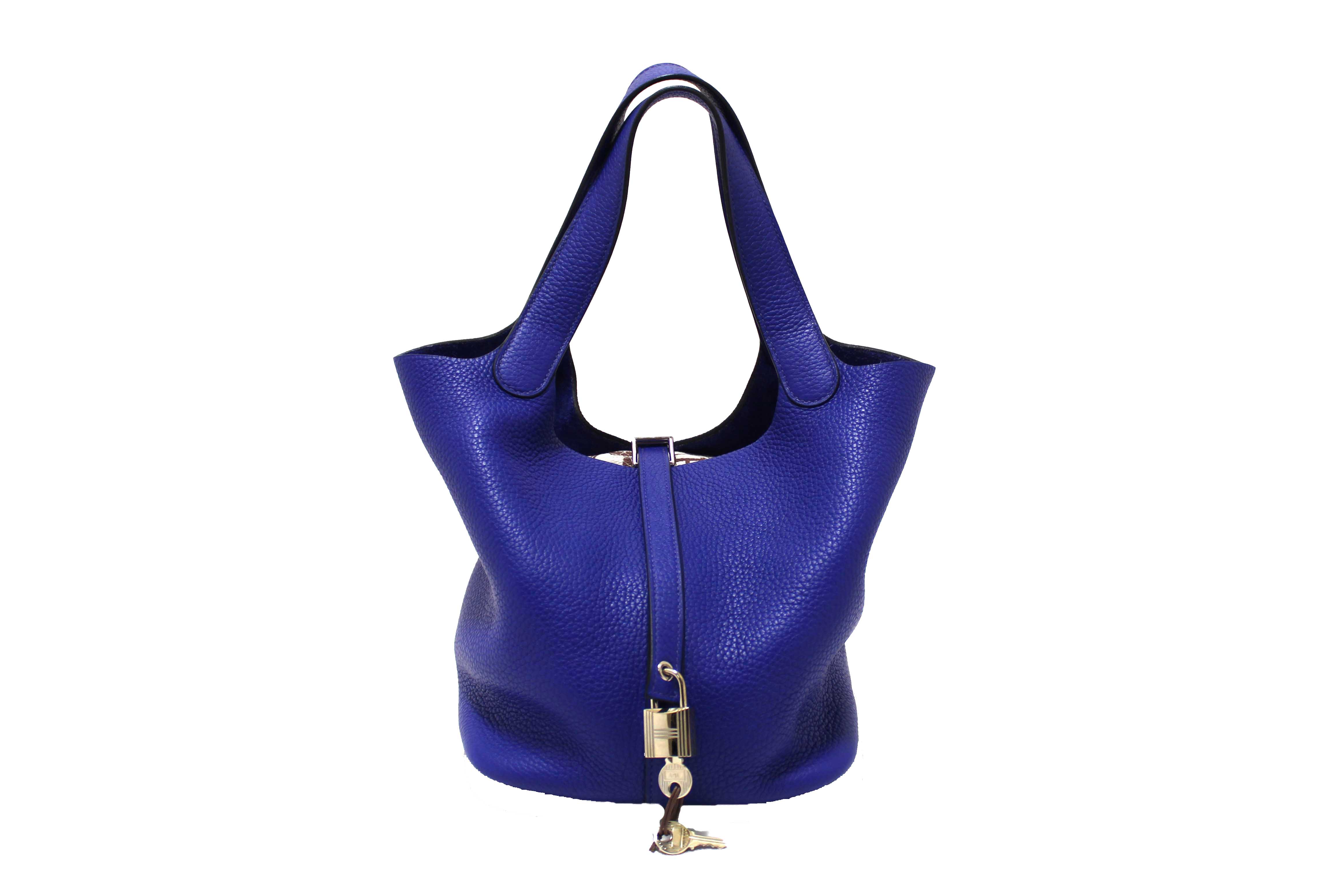Authentic Hermes Bleu Royal Taurillon Clemence Leather Picotin Lock 22 MM Bucket Bag