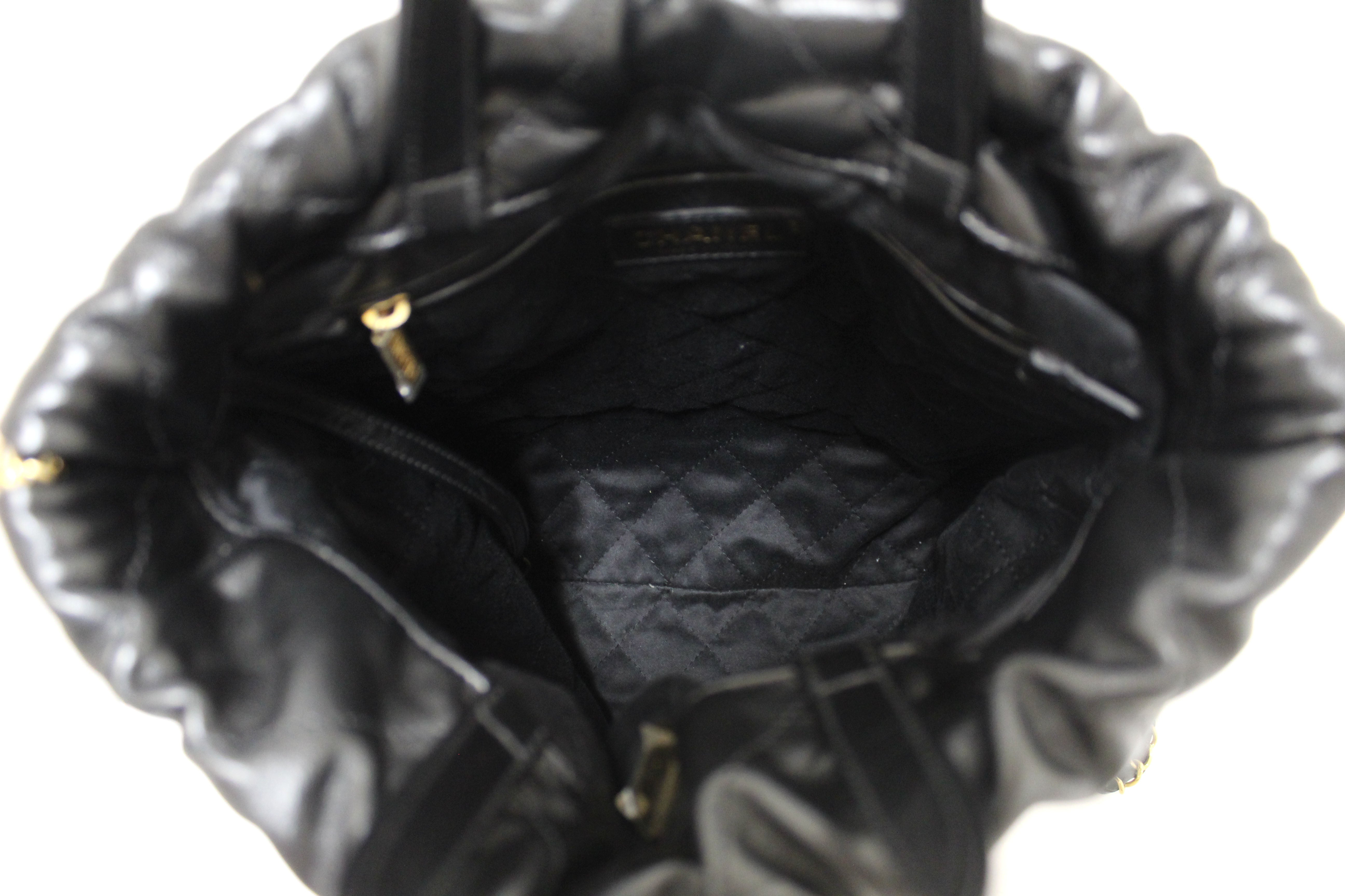 Authentic Chanel Black Chanel 22 Calfskin Leather Drawstring Chain Backpack