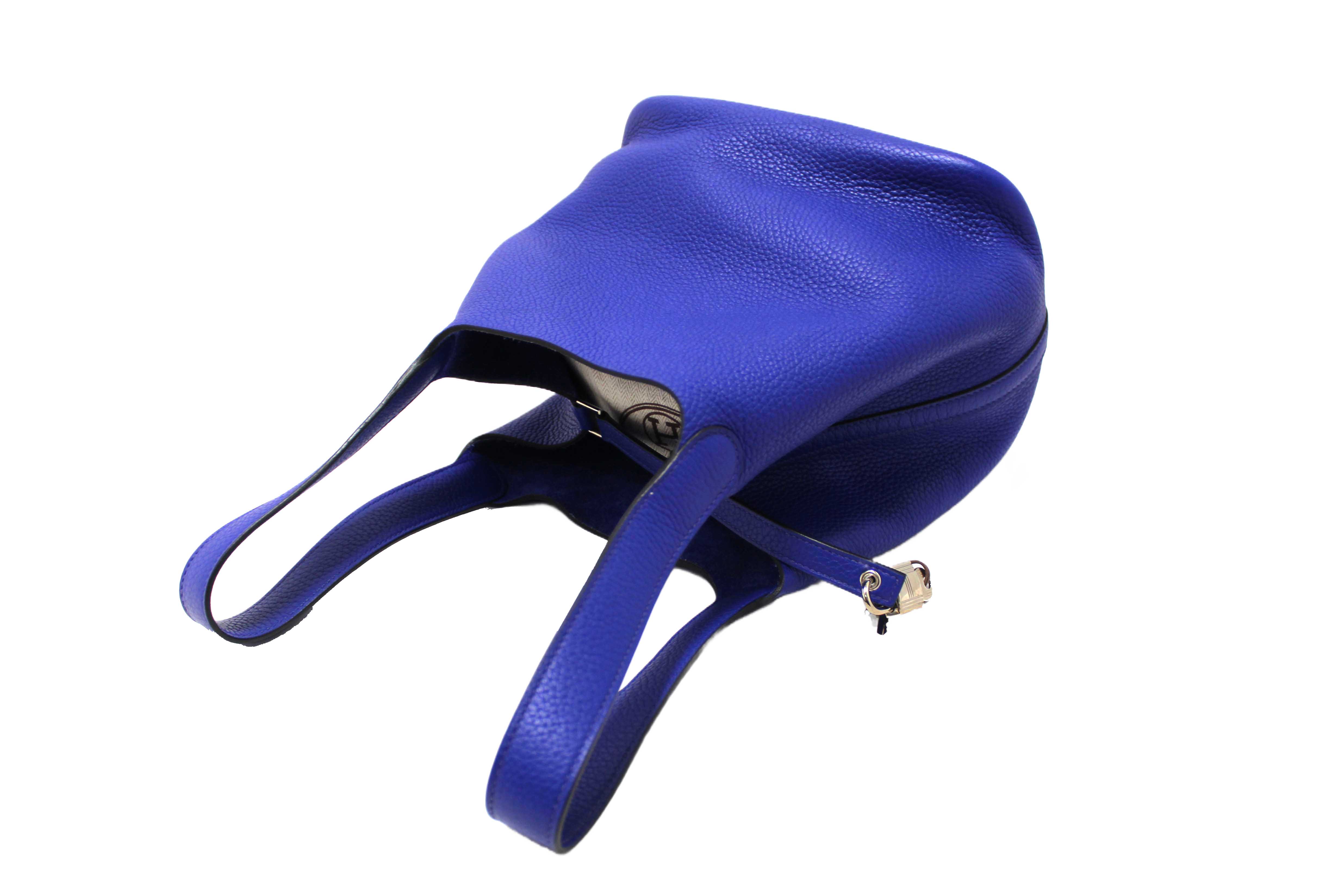 Authentic Hermes Bleu Royal Taurillon Clemence Leather Picotin Lock 22 MM Bucket Bag