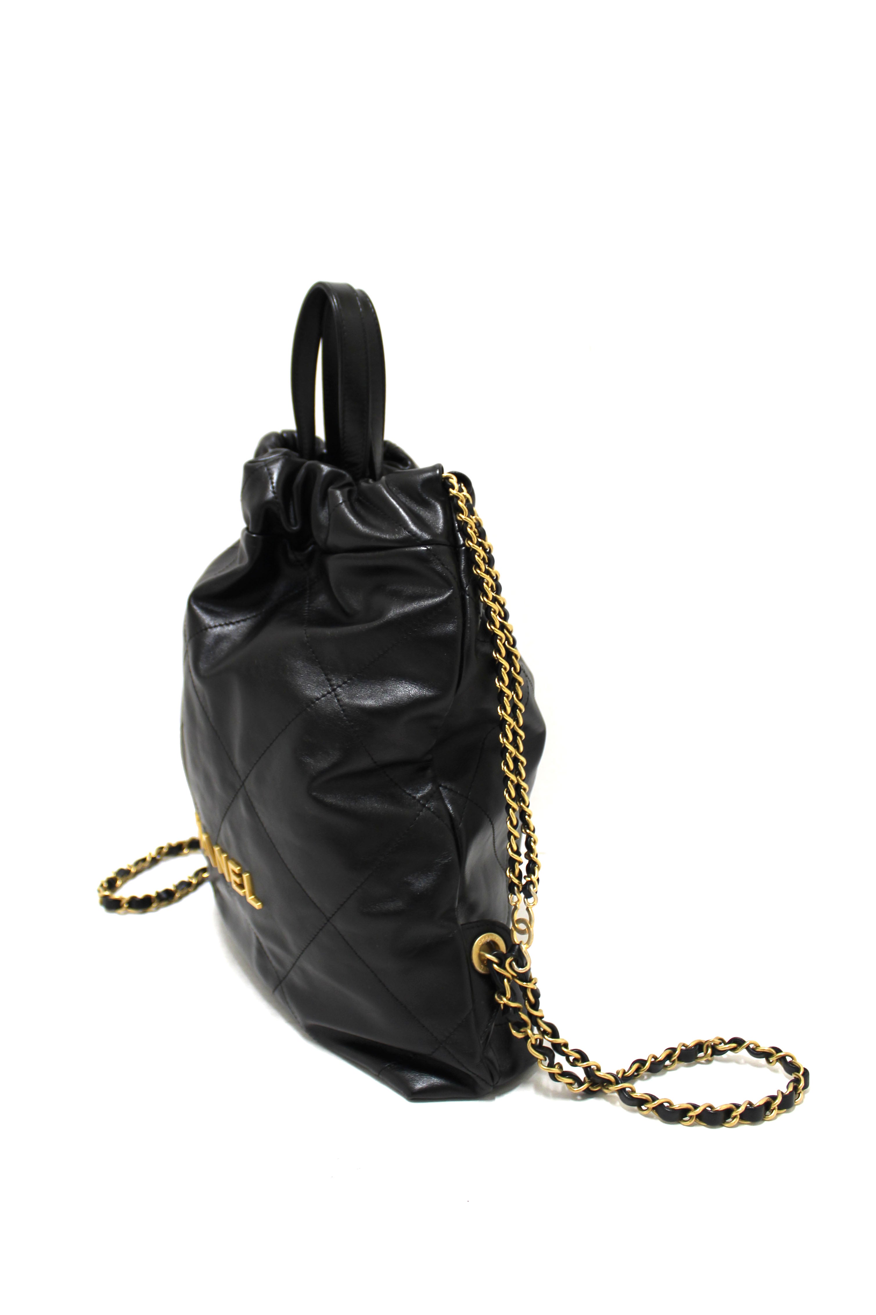 Authentic Chanel Black Chanel 22 Calfskin Leather Drawstring Chain Backpack